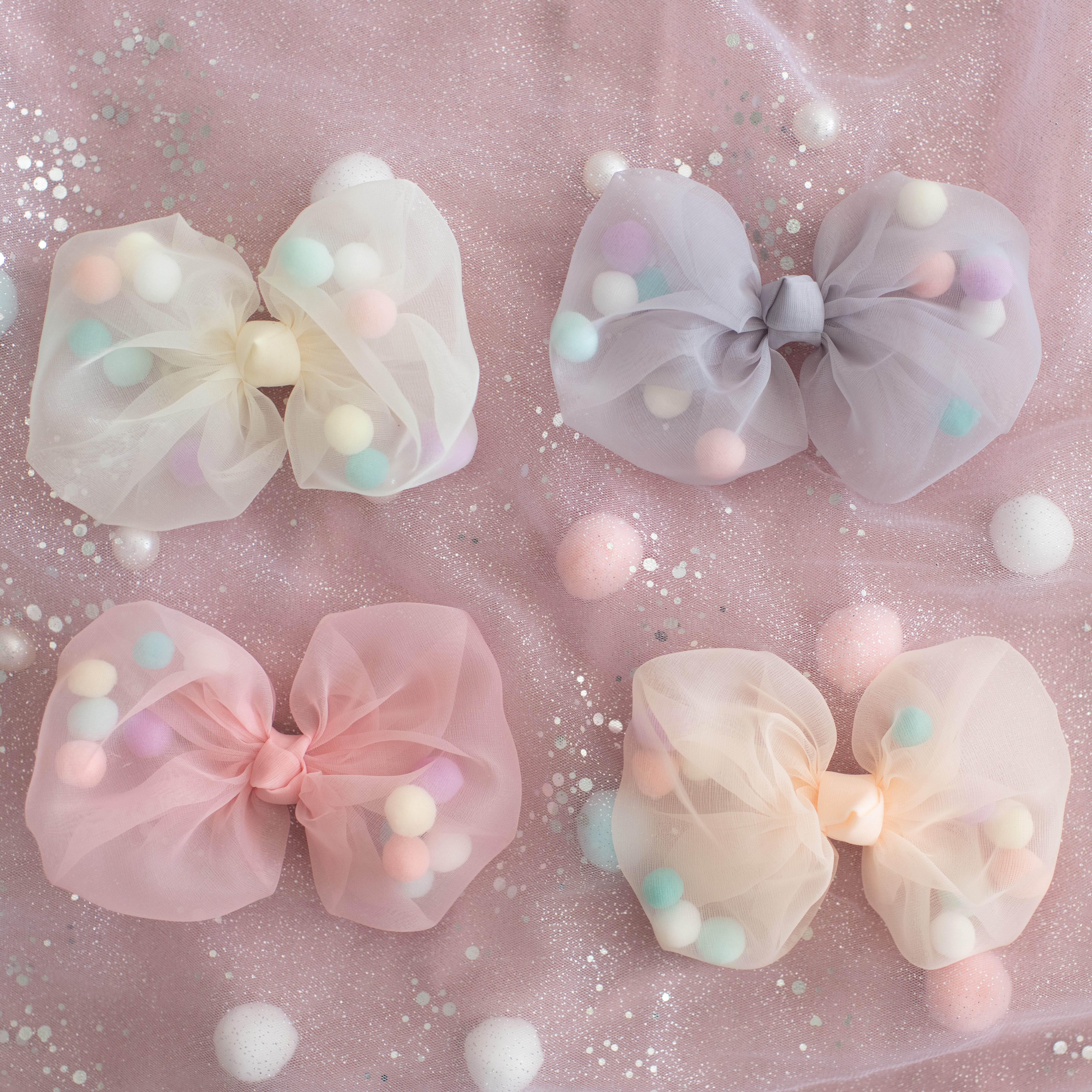 Summer Crystal - Tulle Bow with Pompoms Hair Clip - 1 Pack