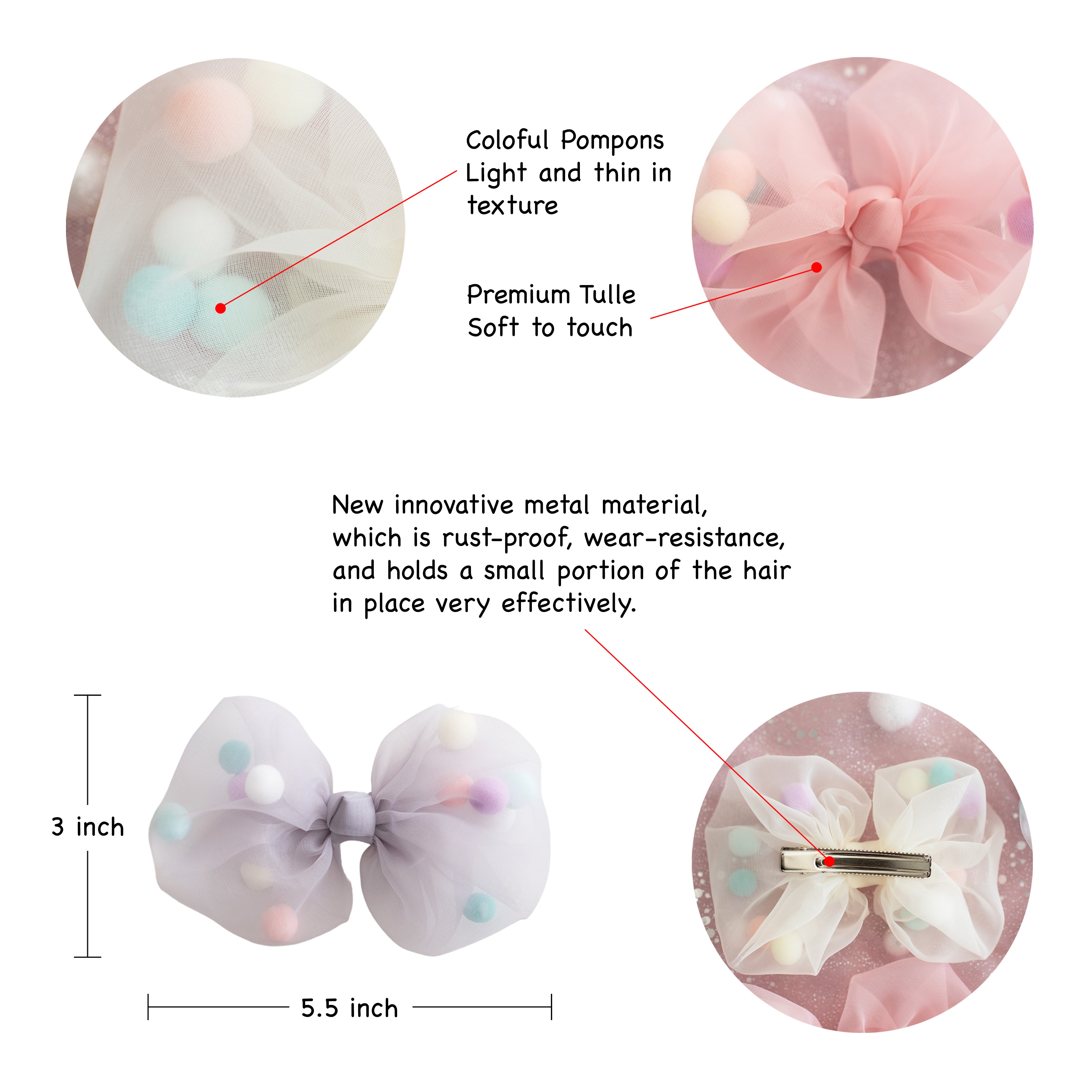 Summer Crystal - Tulle Bow with Pompoms Hair Clip - 1 Pack