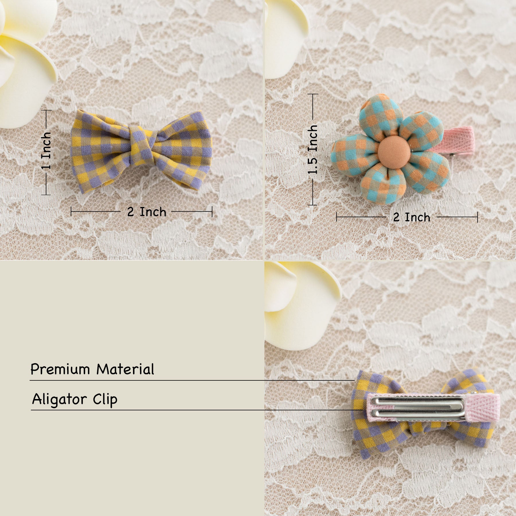 Plaid Cotton Bow & Flower Hair Clips for Baby & Toddler Girls - 10 Pack