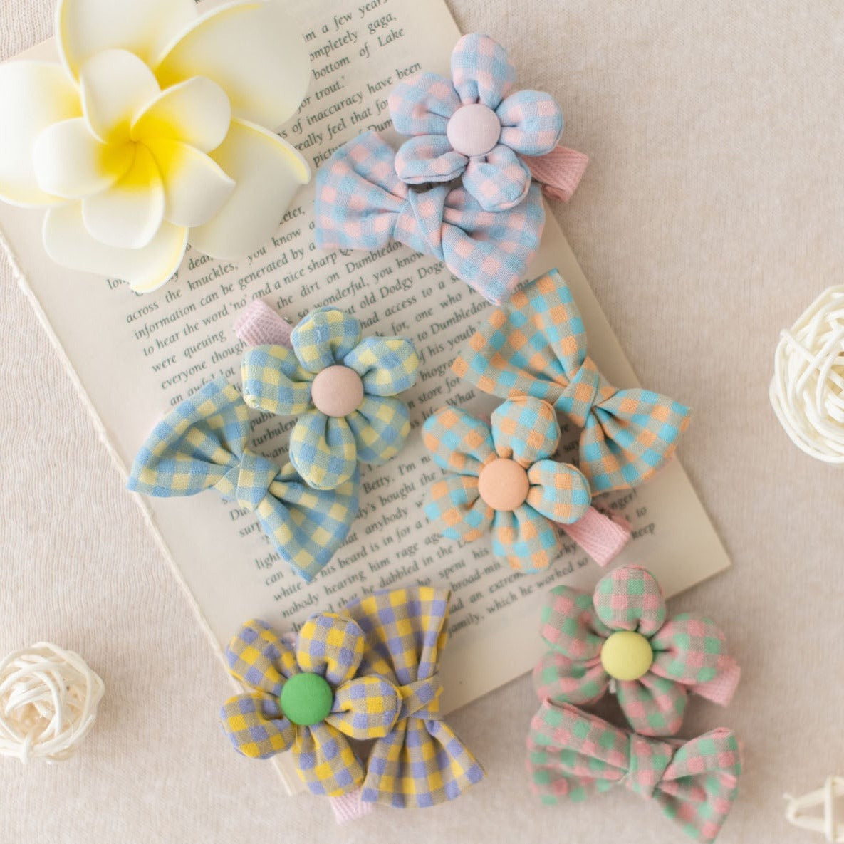 Plaid Cotton Bow & Flower Hair Clips for Baby & Toddler Girls - 10 Pack