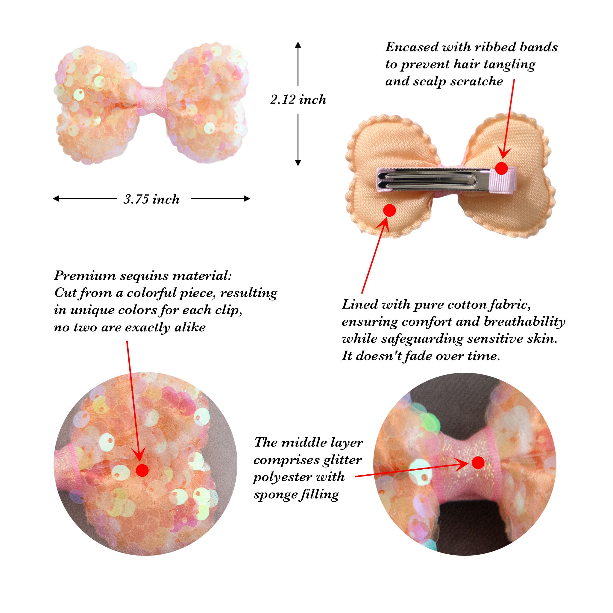 Summer Crystal - Peachy Orange Sequin Stuffed Bow Hair Clip - 1 Pack