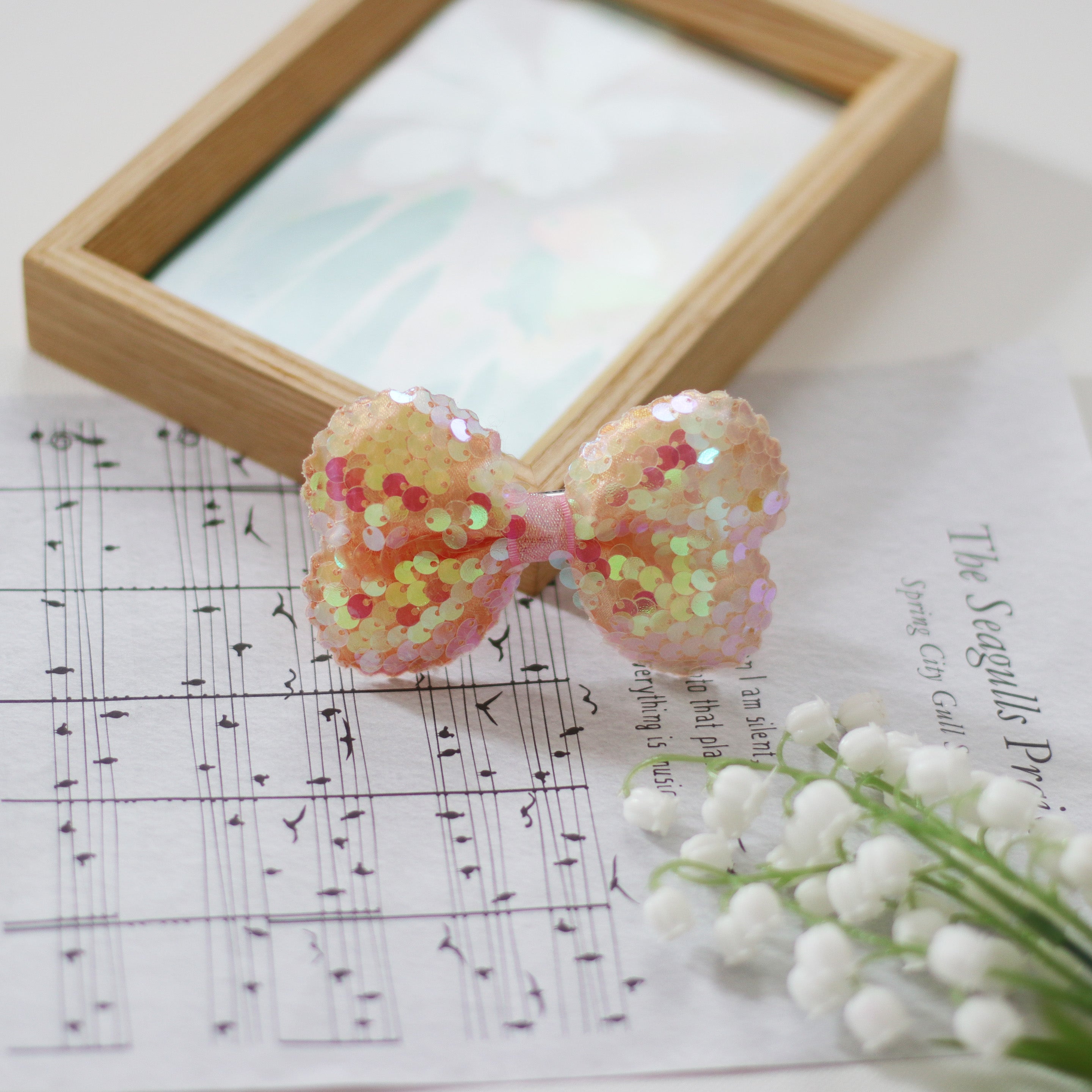 Summer Crystal - Peachy Orange Sequin Stuffed Bow Hair Clip - 1 Pack