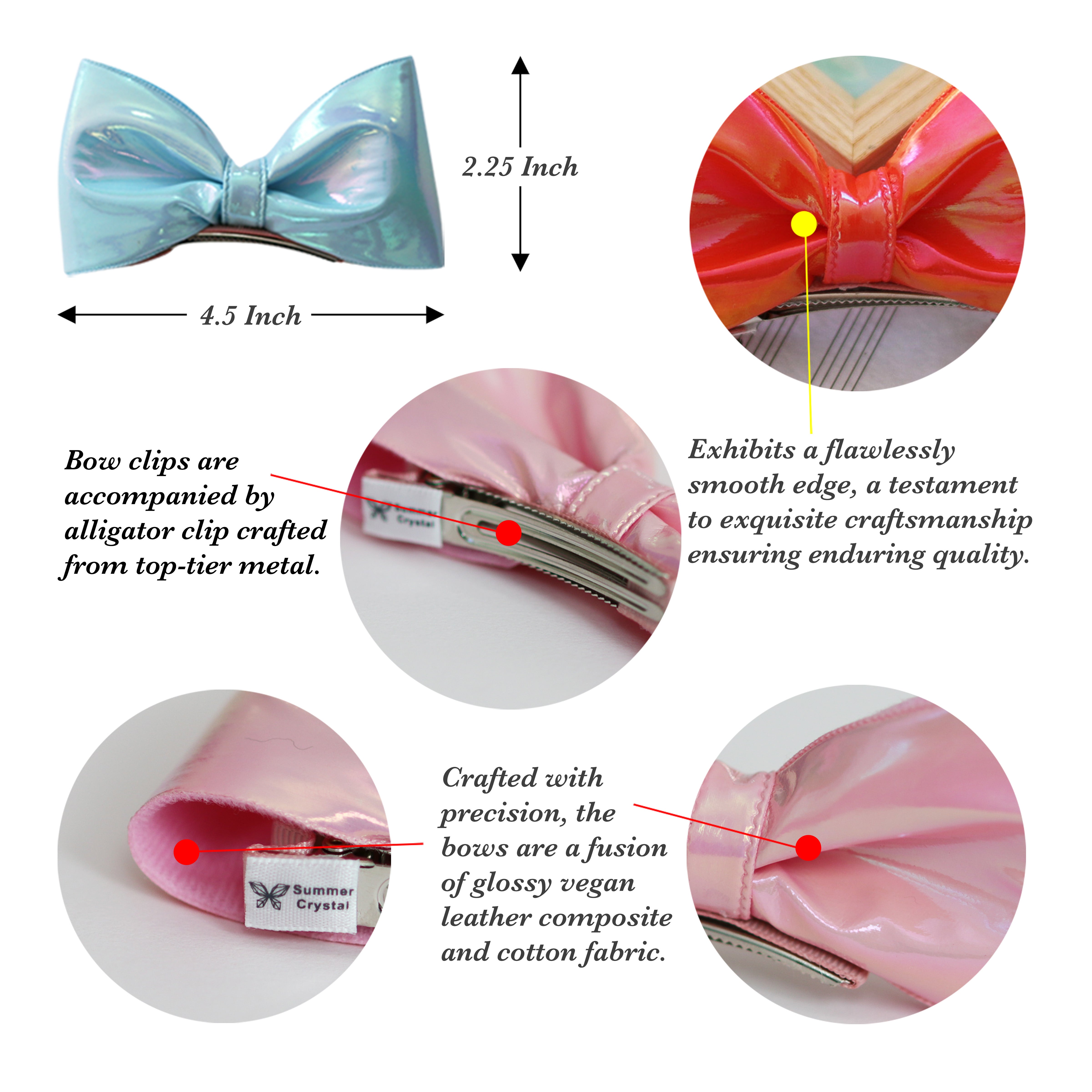 Summer Crystal - Vegan Leather Top Bow Hair Clip - 1 Pack