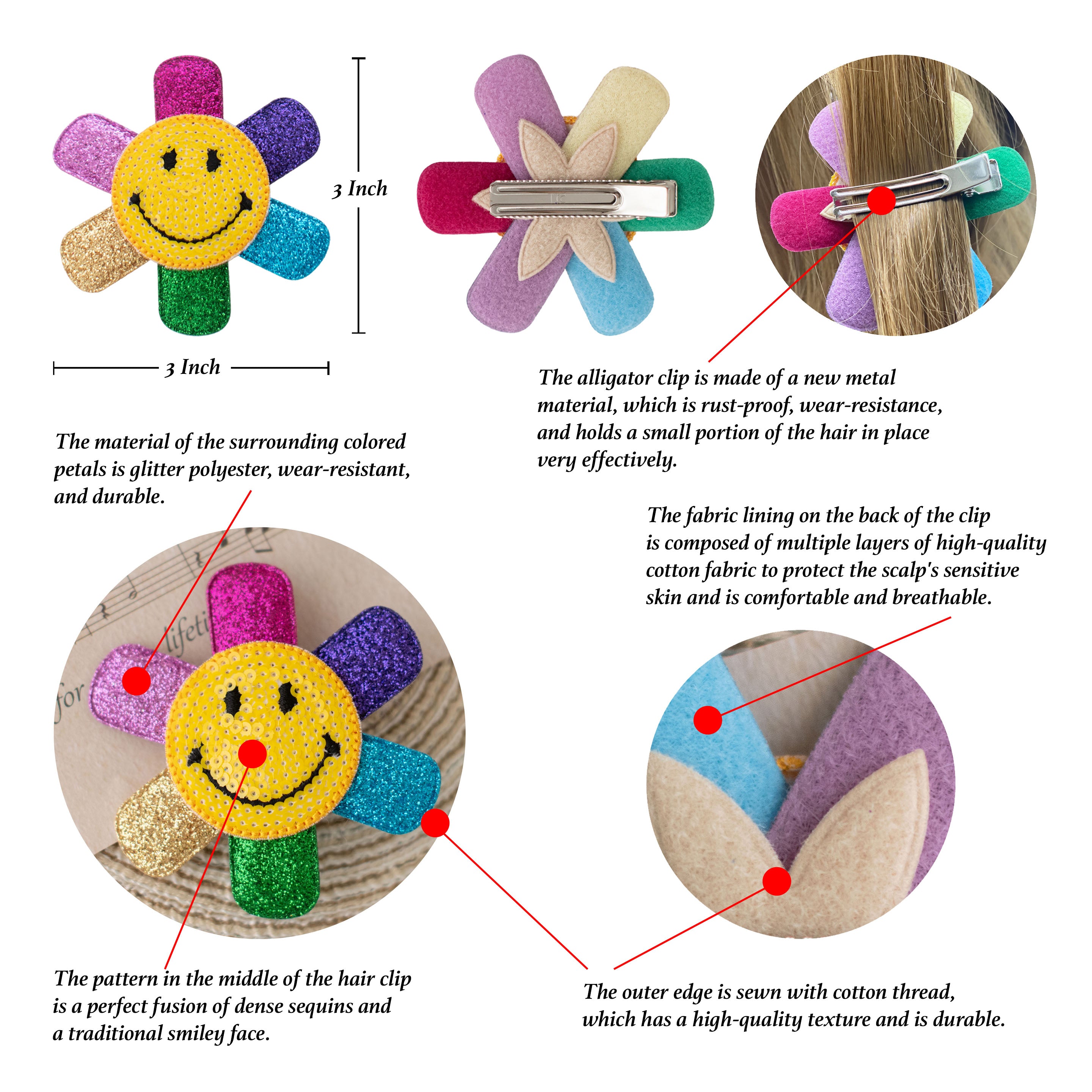 Summer Crystal - Rainbow Glitter Smiley Face Hair Clip - 1 Pack