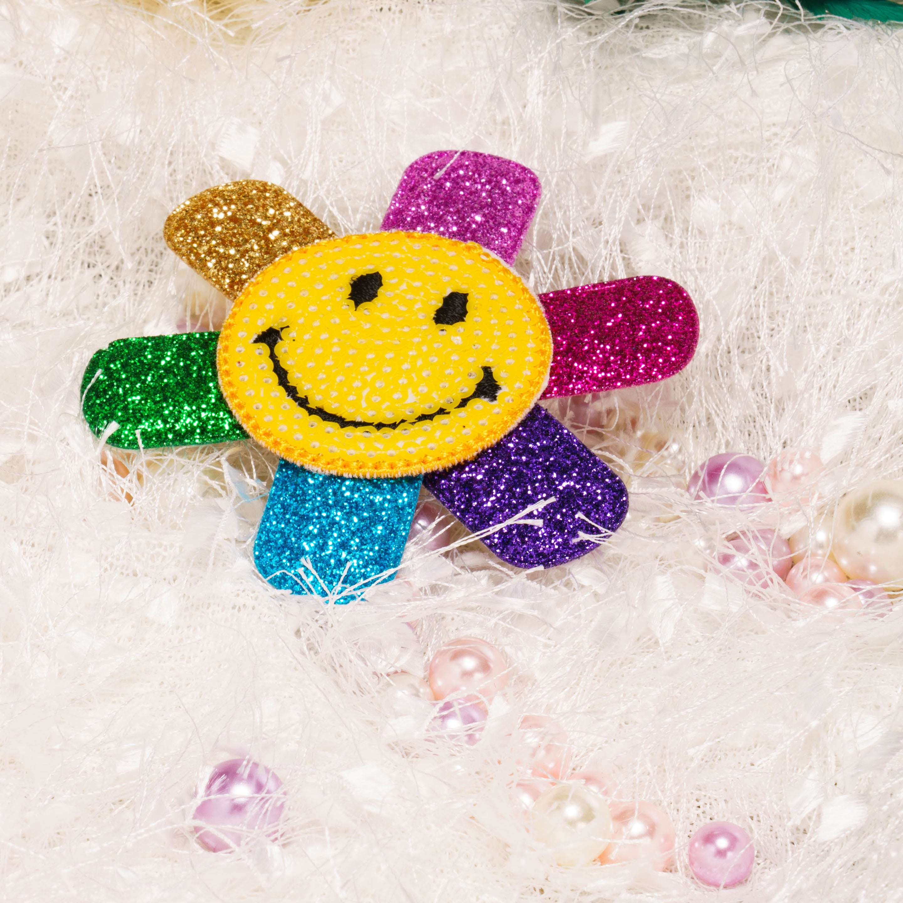 Summer Crystal - Rainbow Glitter Smiley Face Hair Clip - 1 Pack