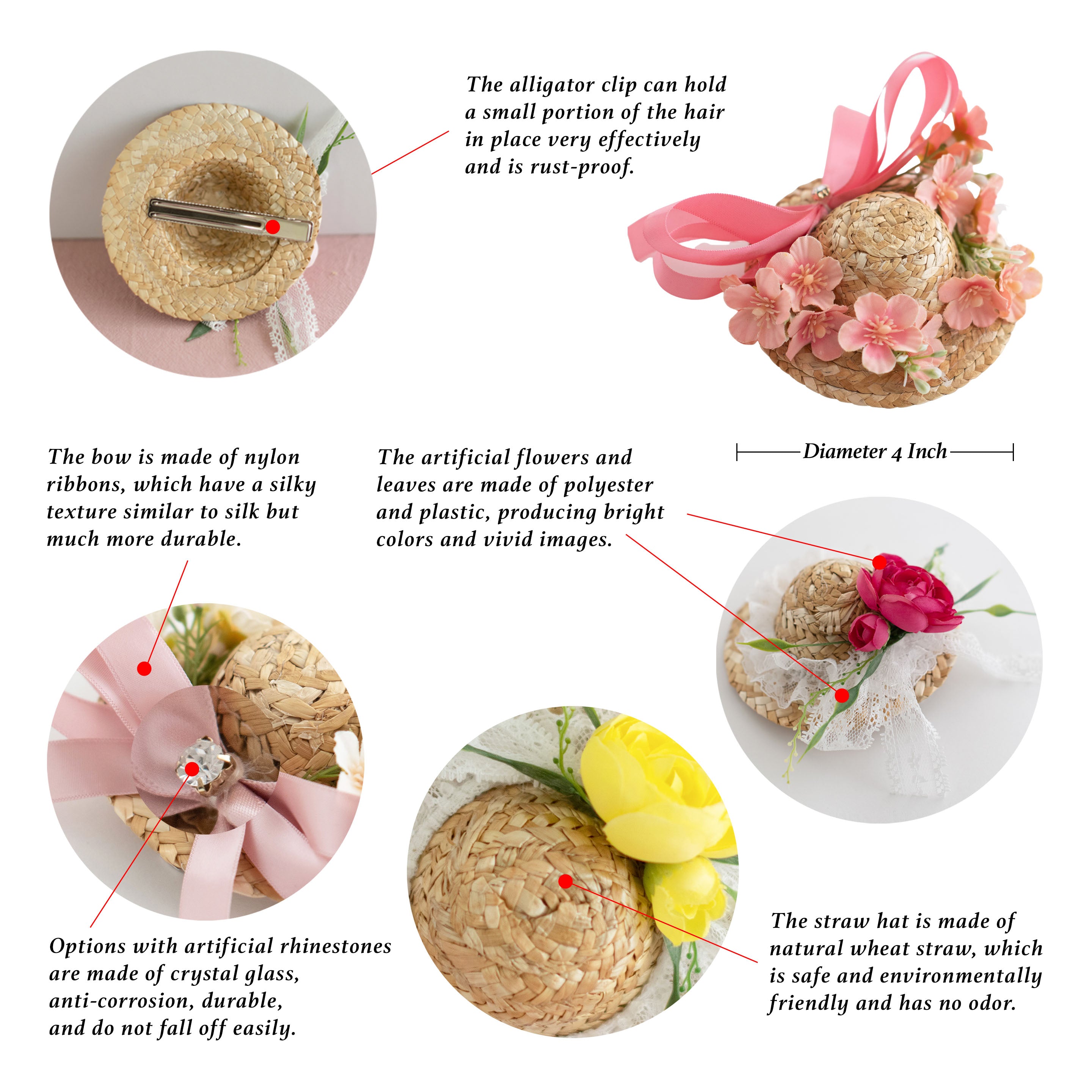 Summer Crystal - Handmade Straw Hat Hair Clip - 1 Pack