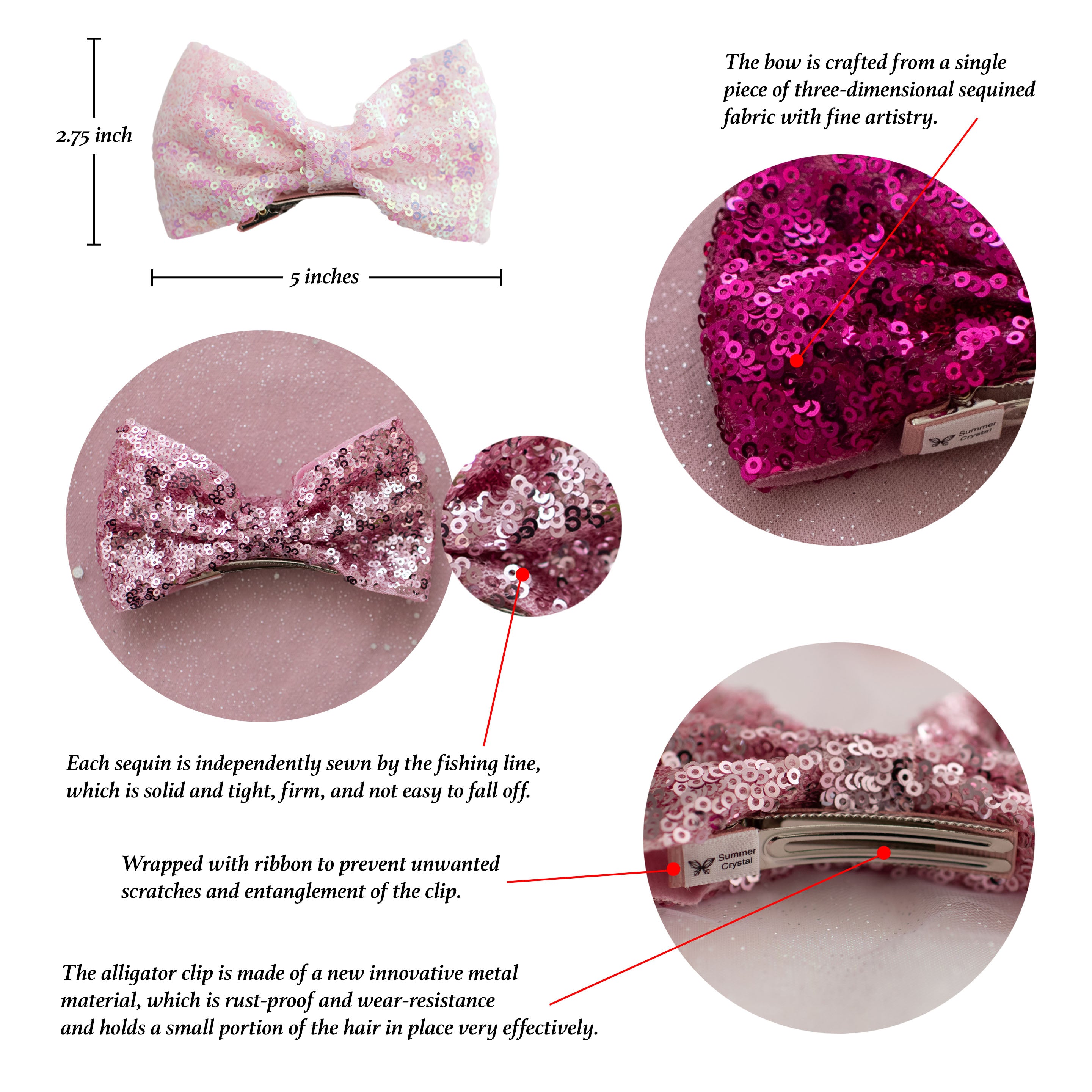 Summer Crystal - Small Sequin Bow Hair Clip For Top Styling - 1 Pack