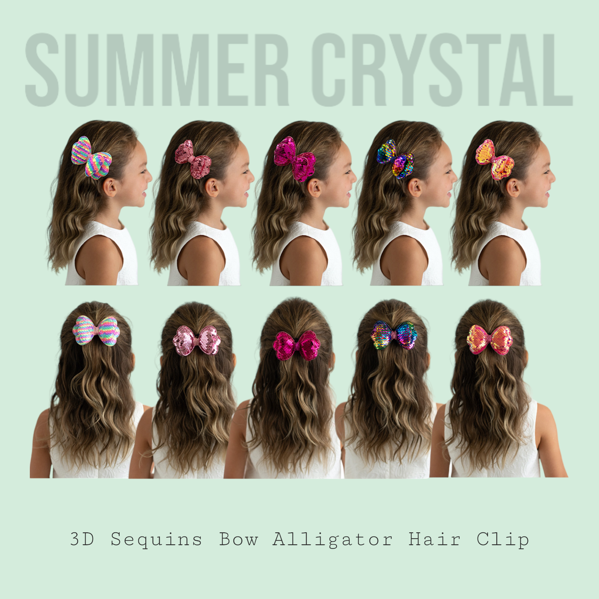 Summer Crystal 3D Sequins Bow Alligator Hair Clip 4x2.5 Inch