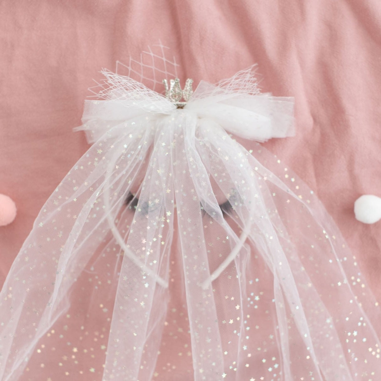 Summer Crystal Starry Veil Covering Crown Bow Headband For Girls