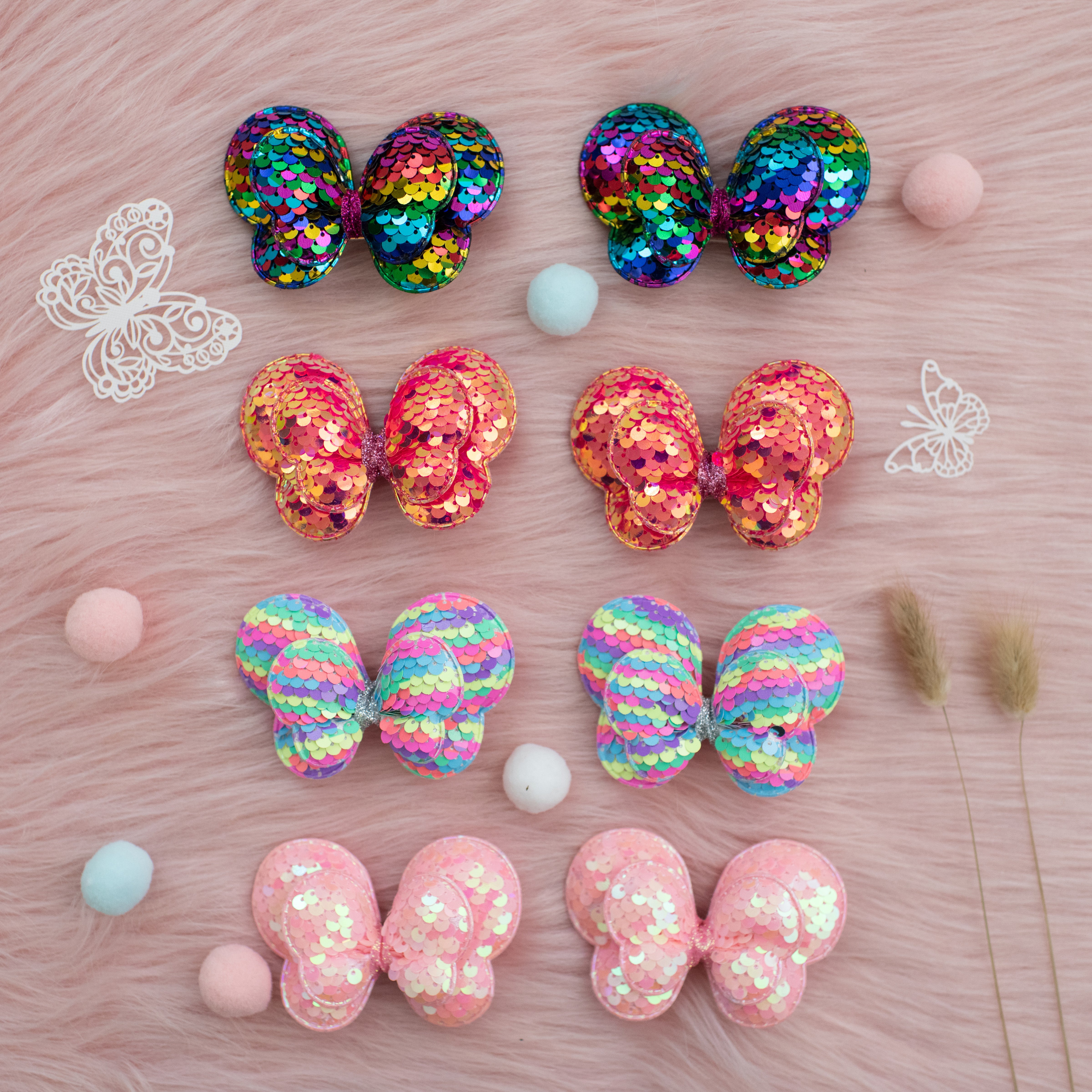Summer Crystal - Sequin Glitter Stuffed Butterfly Bow Hair Clip - 1 Pack