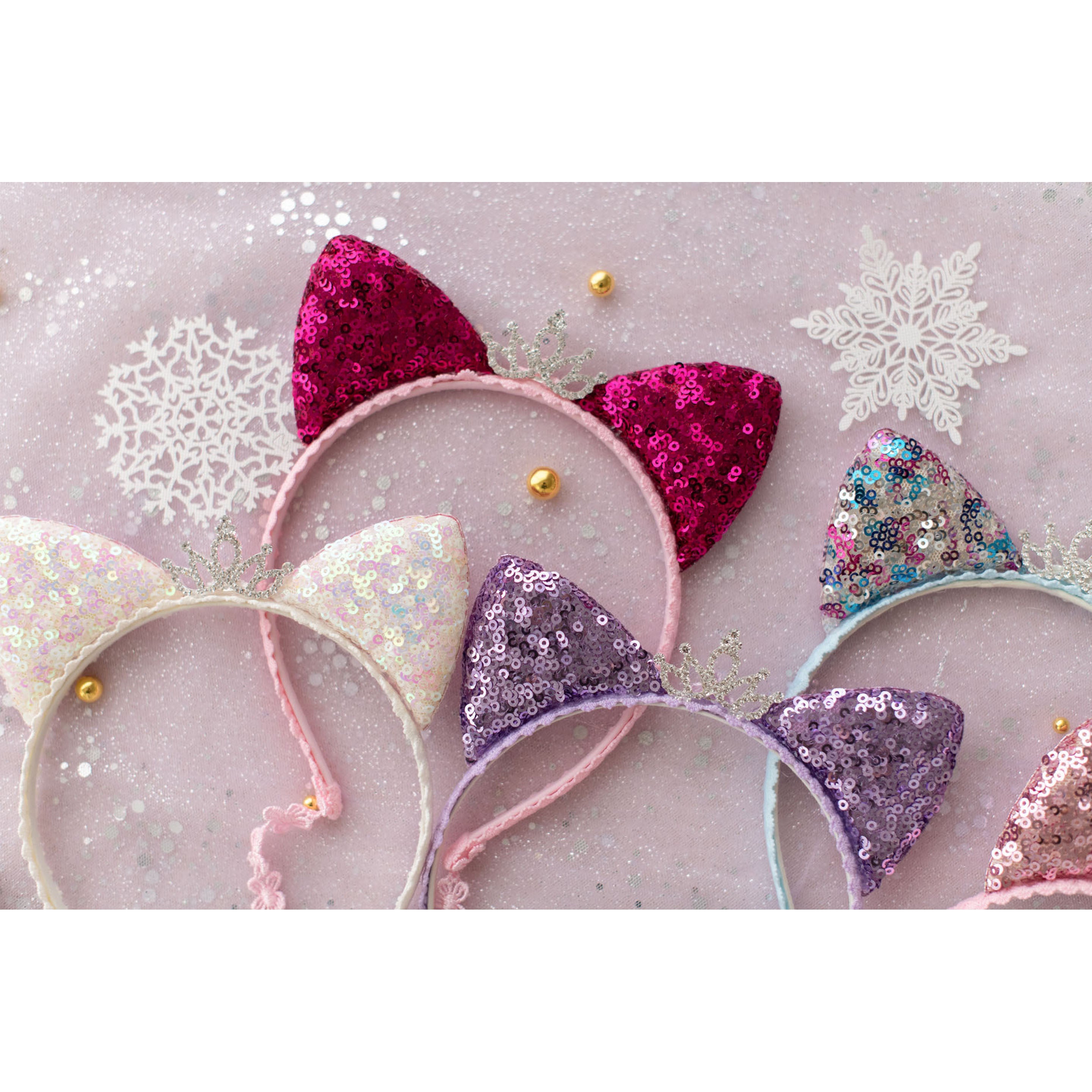 Summer Crystal Sparkling Sequins Cat Ears Headband with Pearl Earring Pendants