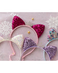 Summer Crystal Sparkling Sequins Cat Ears Headband with Pearl Earring Pendants