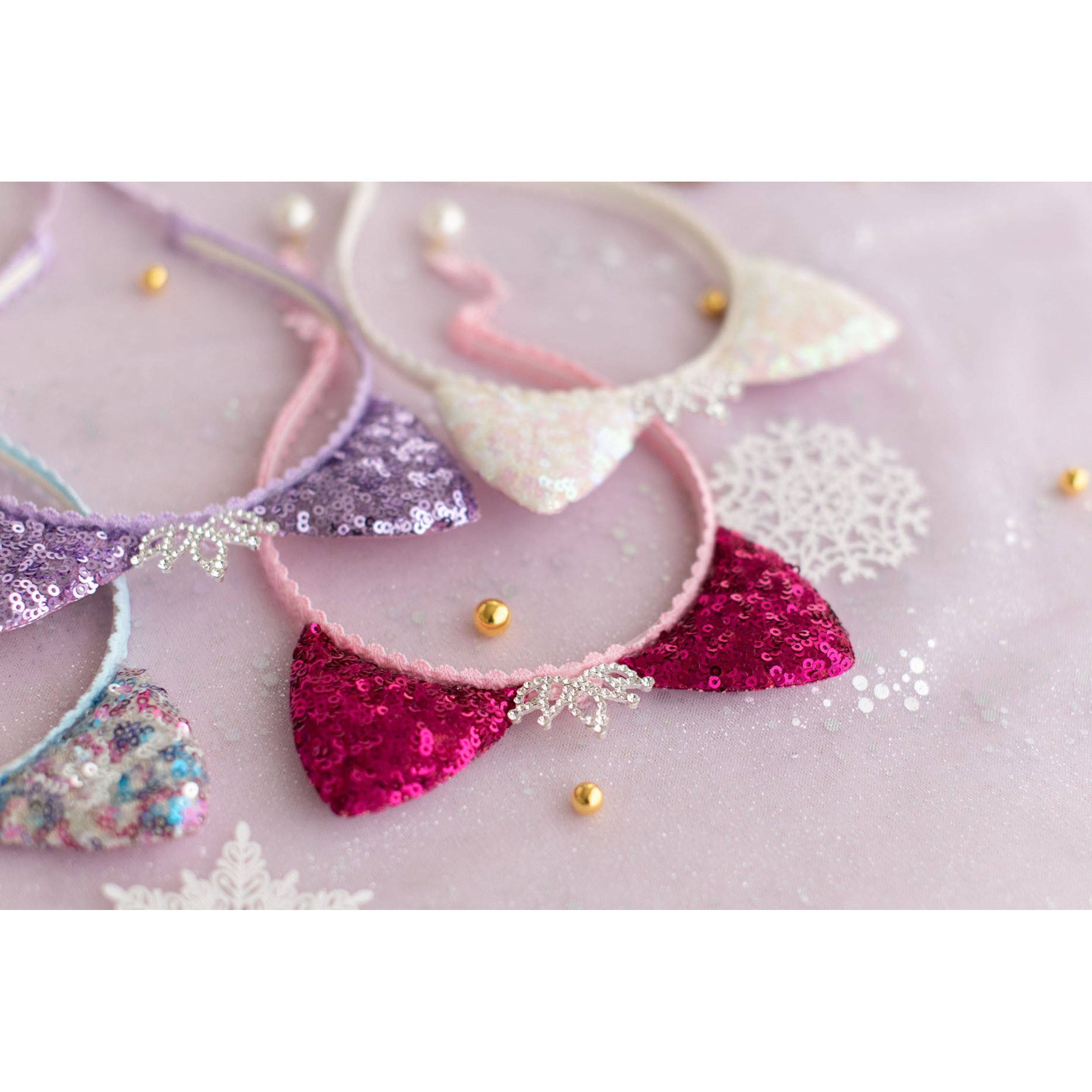 Summer Crystal Sparkling Sequins Cat Ears Headband with Pearl Earring Pendants