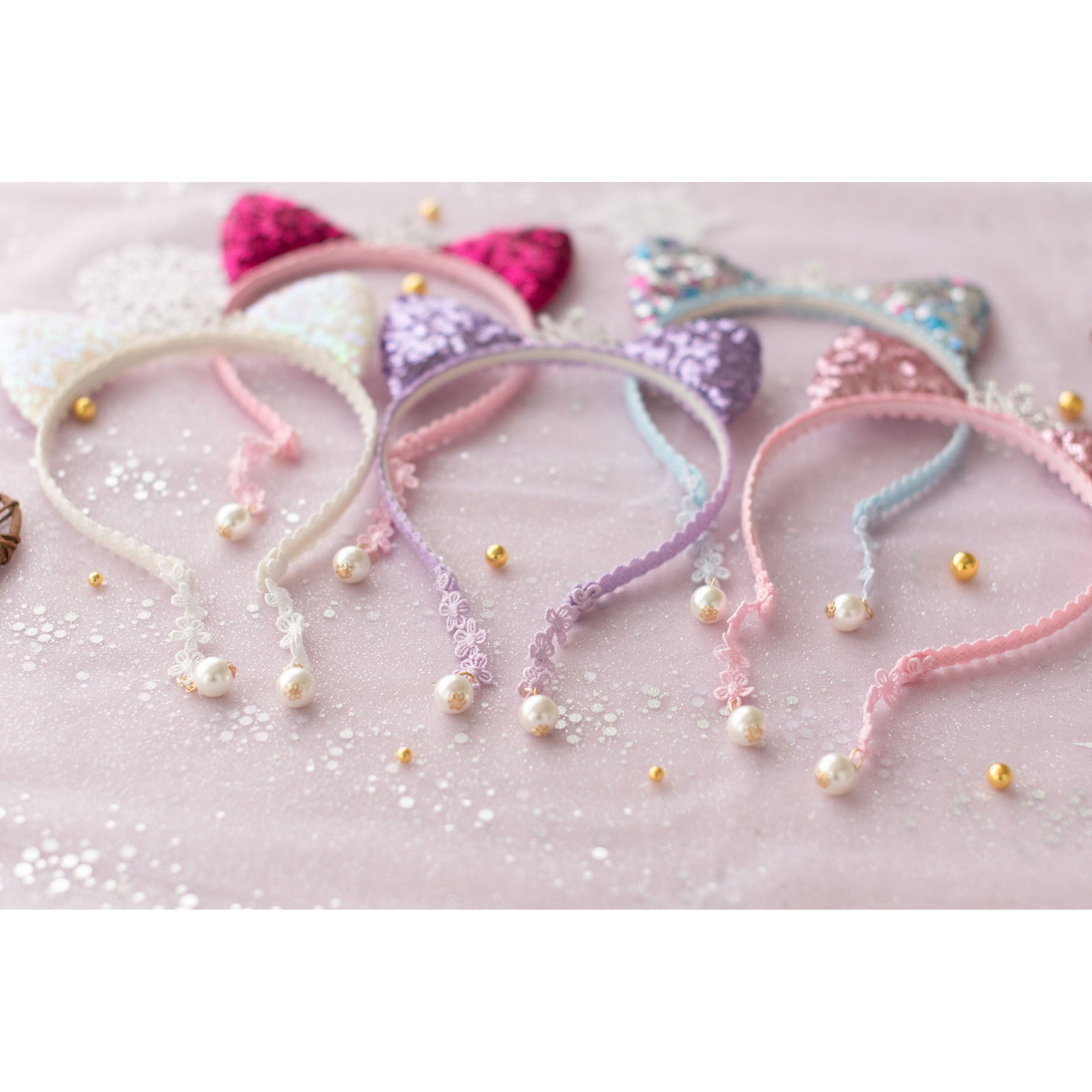 Summer Crystal Sparkling Sequins Cat Ears Headband with Pearl Earring Pendants