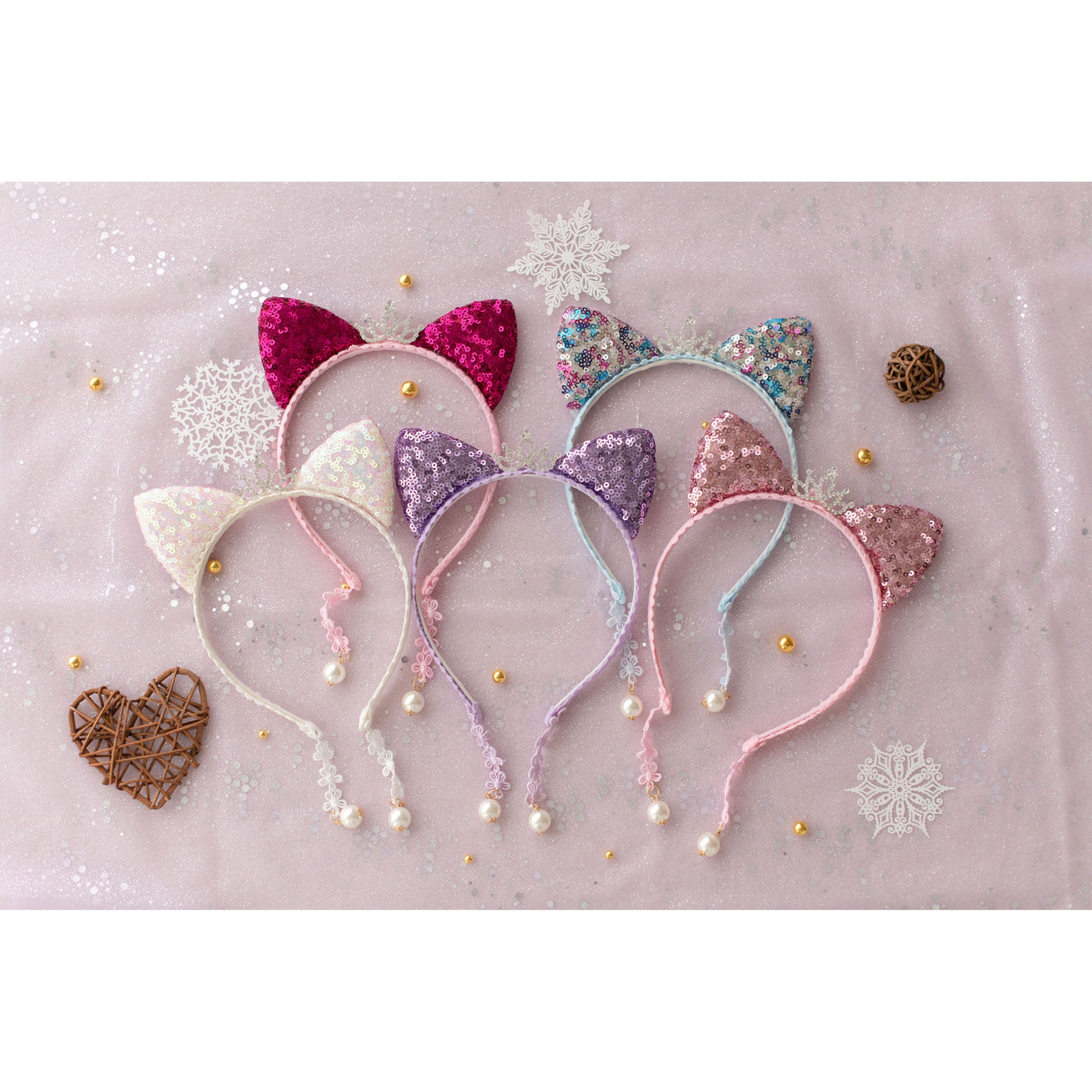 Summer Crystal Sparkling Sequins Cat Ears Headband with Pearl Earring Pendants