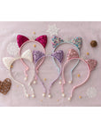 Summer Crystal Sparkling Sequins Cat Ears Headband with Pearl Earring Pendants