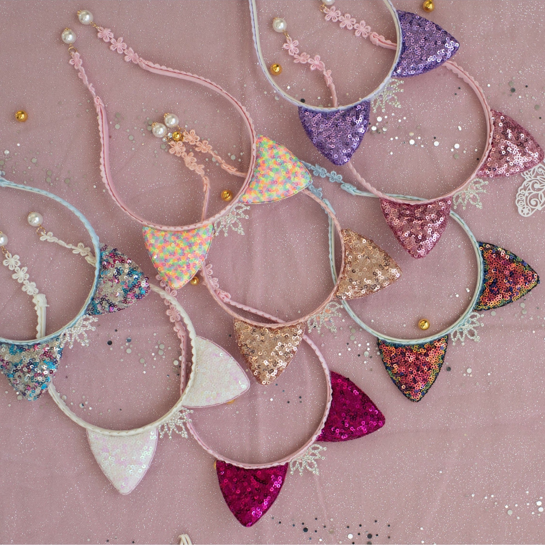 Summer Crystal Sparkling Sequins Cat Ears Headband with Pearl Earring Pendants