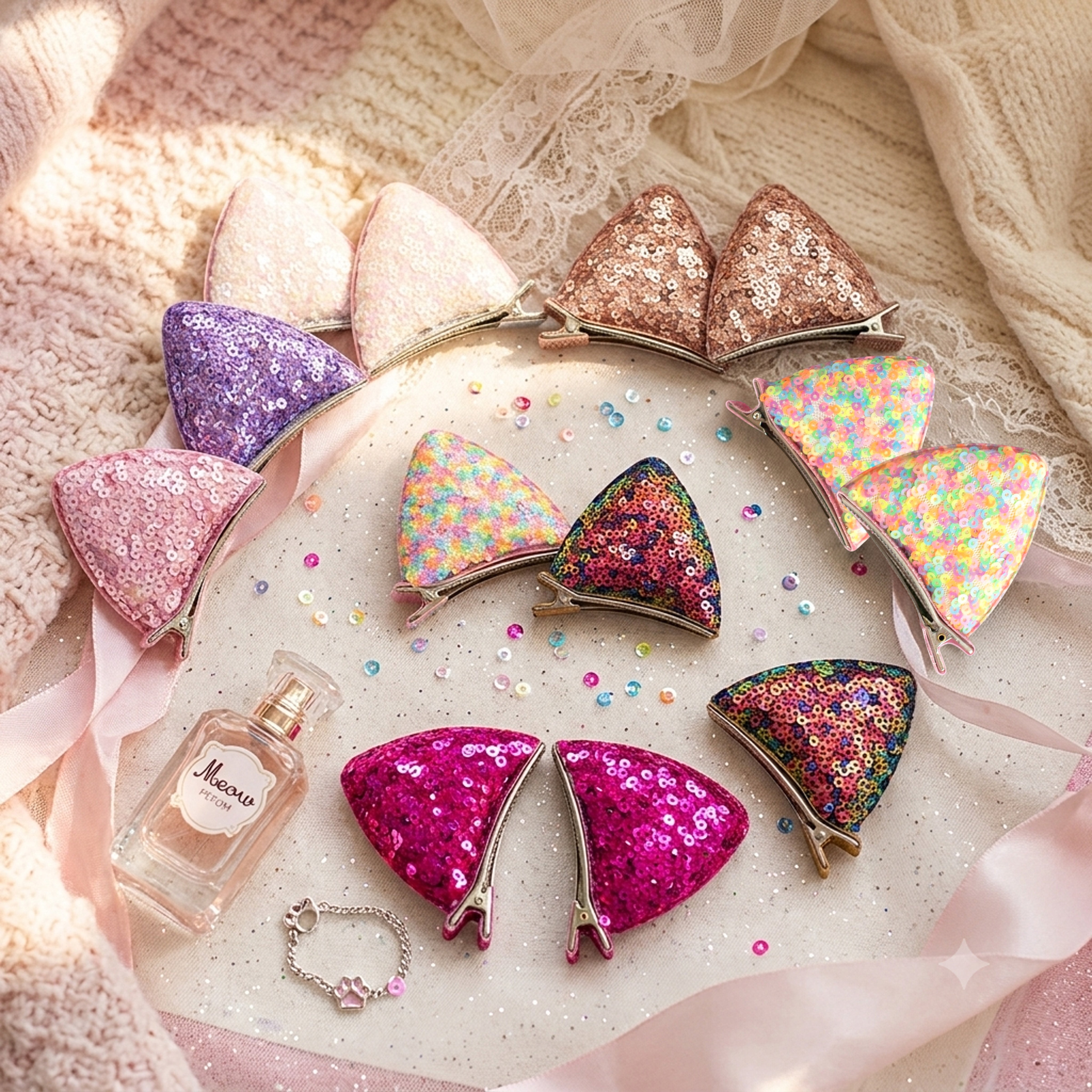 Girls' 2 Pairs Sparkly Glitter Sequin Cat Ears Hair Clips