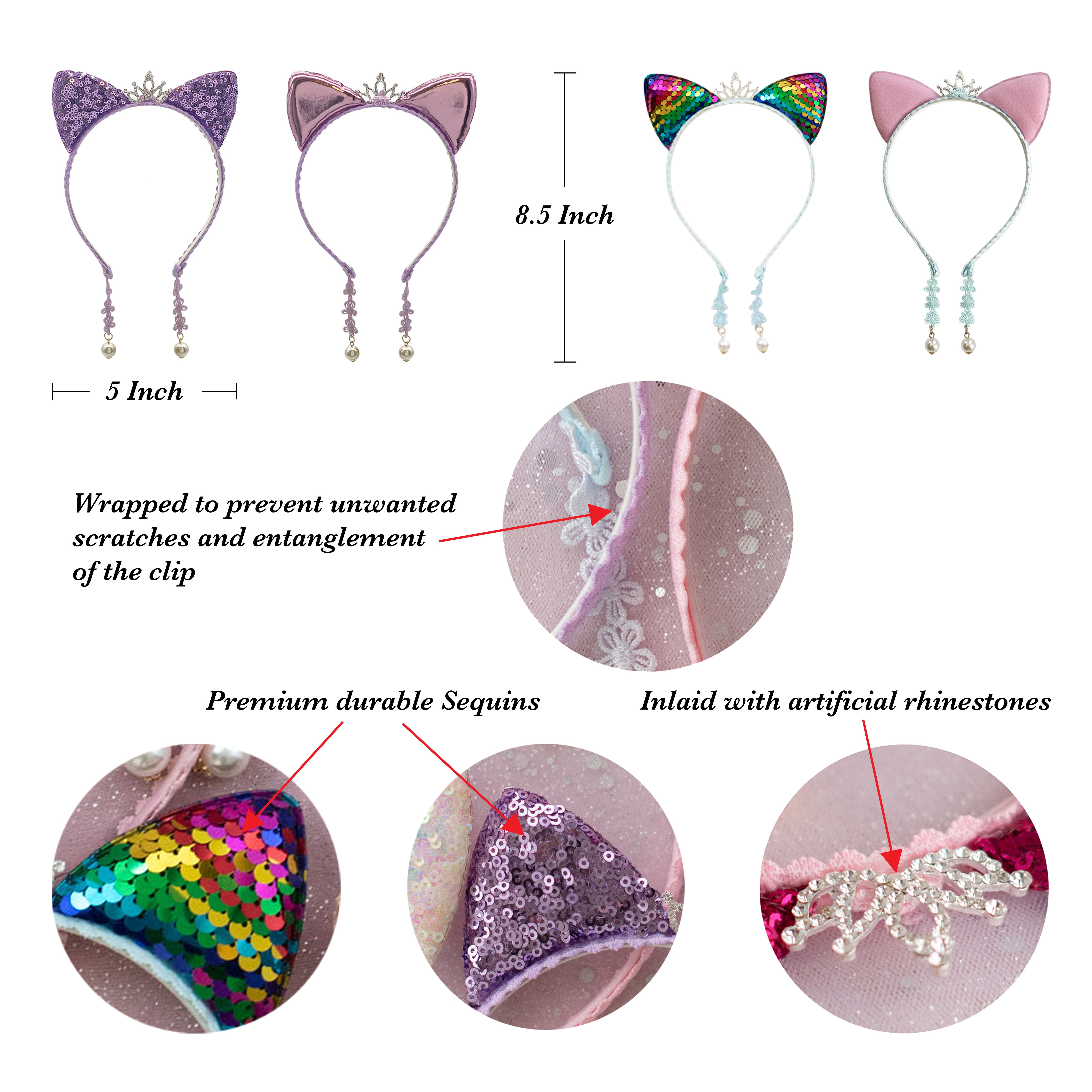 Girls' Glitter Sequin Cat Ears Headband with Pearl Earring Pendants