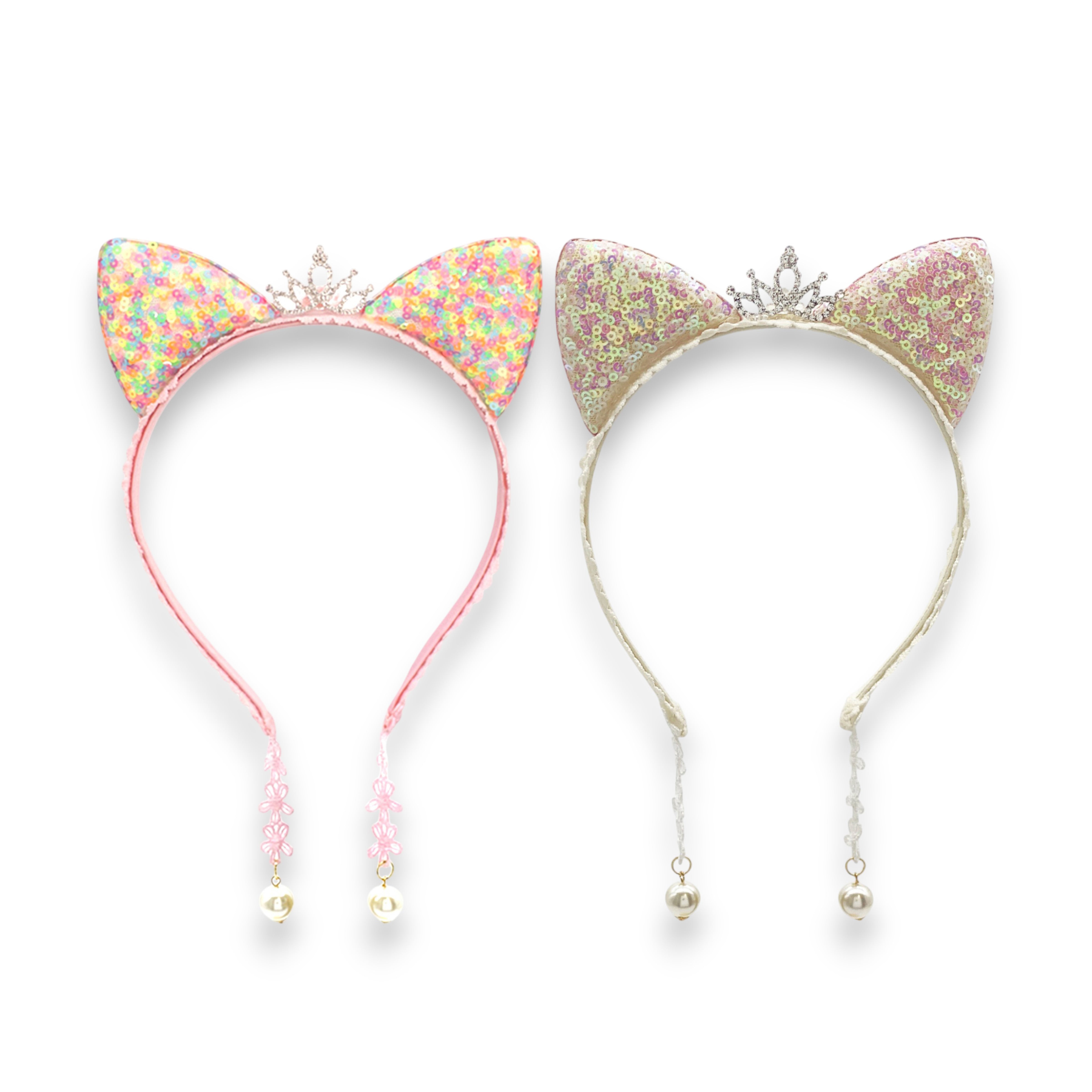 Girls' 2pk Glitter Sequin Cat Ears Headband with Pearl Earring Pendants