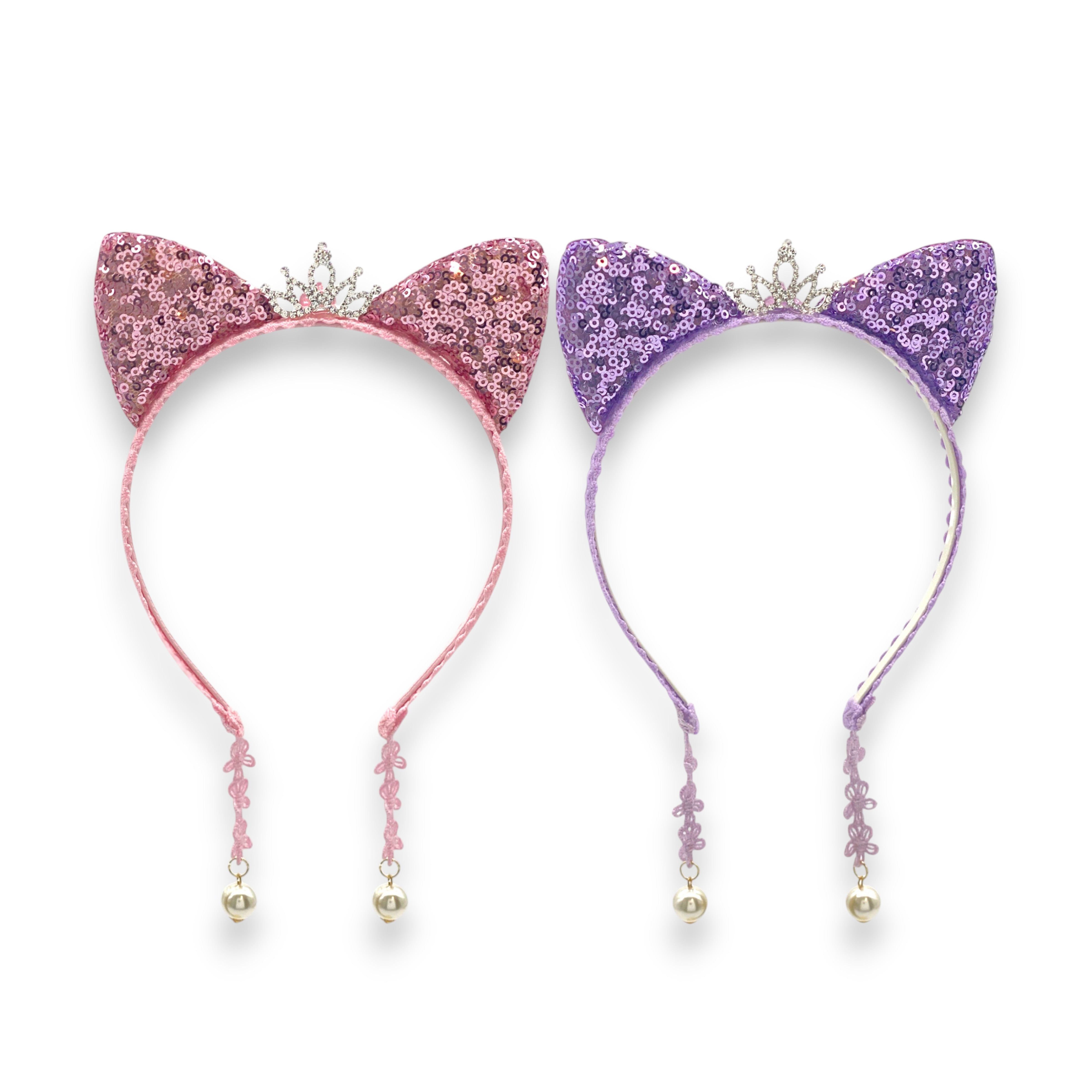 Girls' 2pk Glitter Sequin Cat Ears Headband with Pearl Earring Pendants