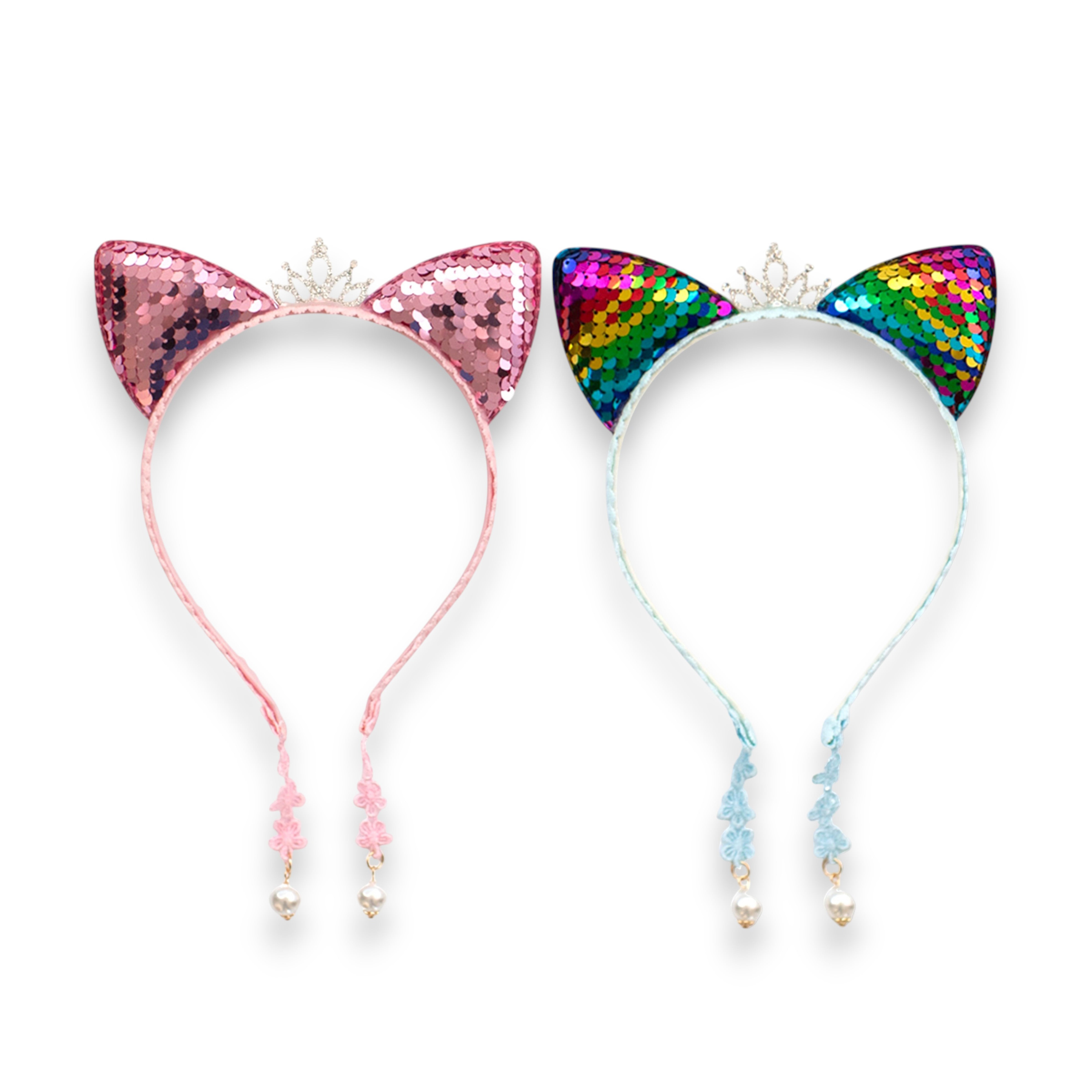 Girls' 2pk Glitter Sequin Cat Ears Headband with Pearl Earring Pendants