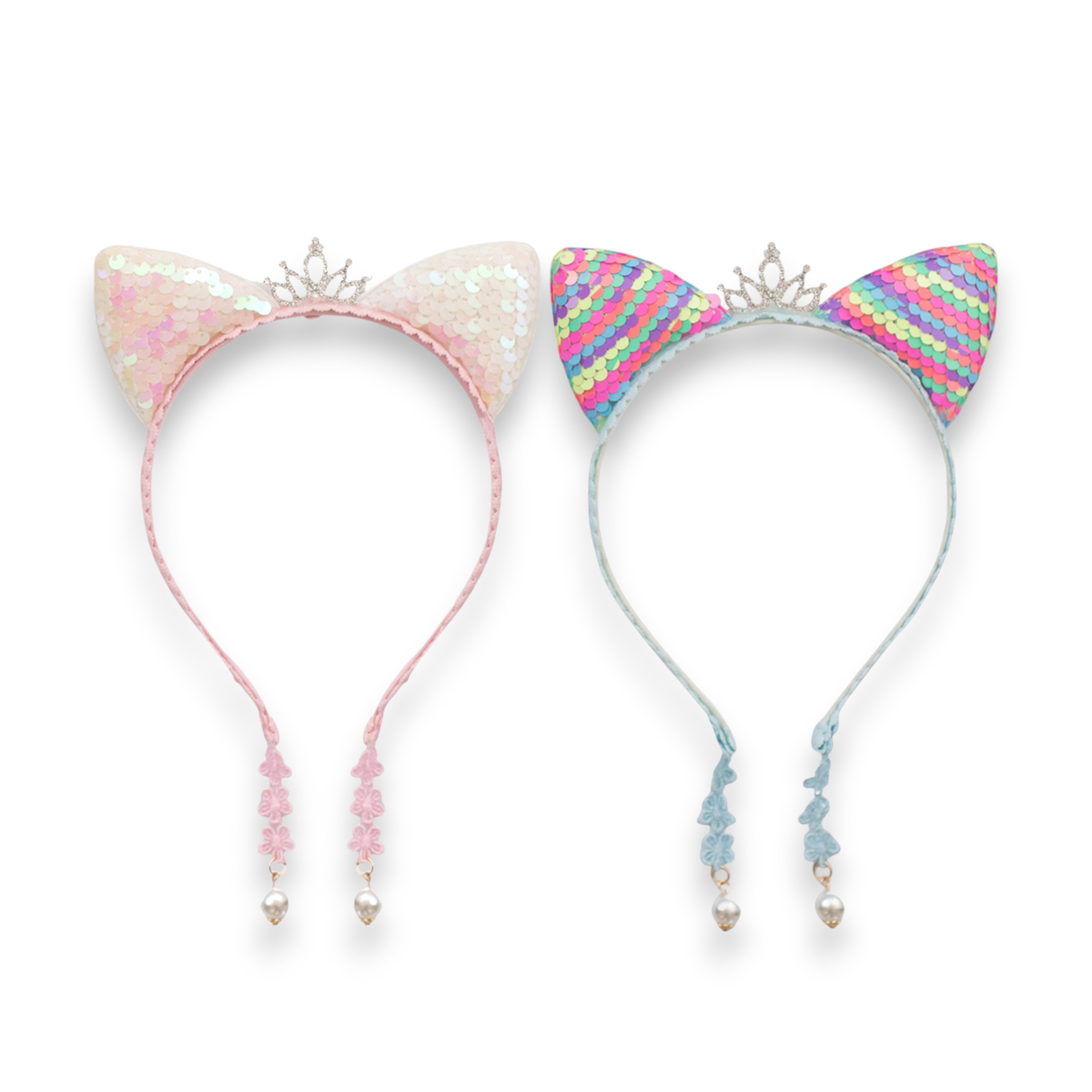 Girls' 2pk Glitter Sequin Cat Ears Headband with Pearl Earring Pendants