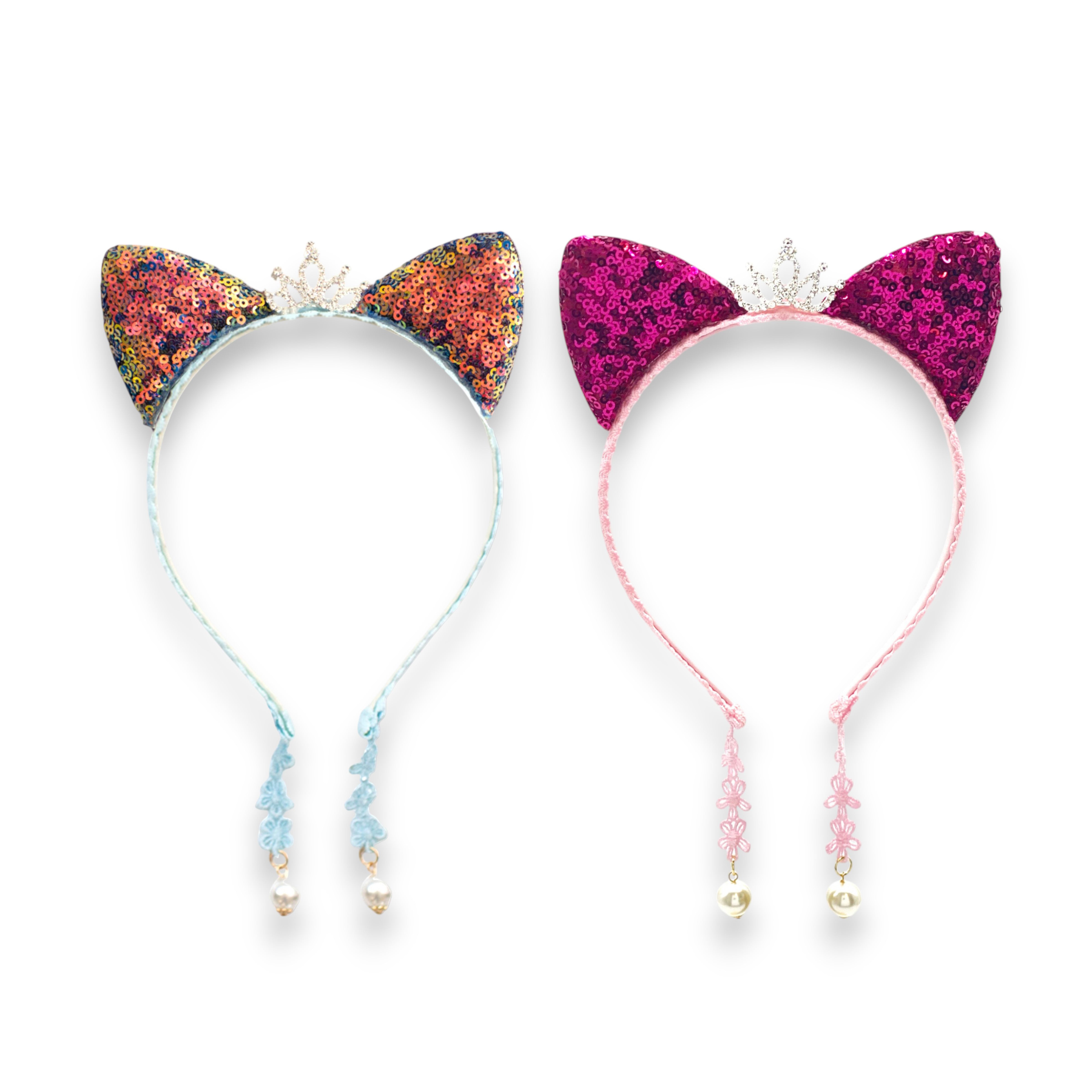 Girls' 2pk Glitter Sequin Cat Ears Headband with Pearl Earring Pendants