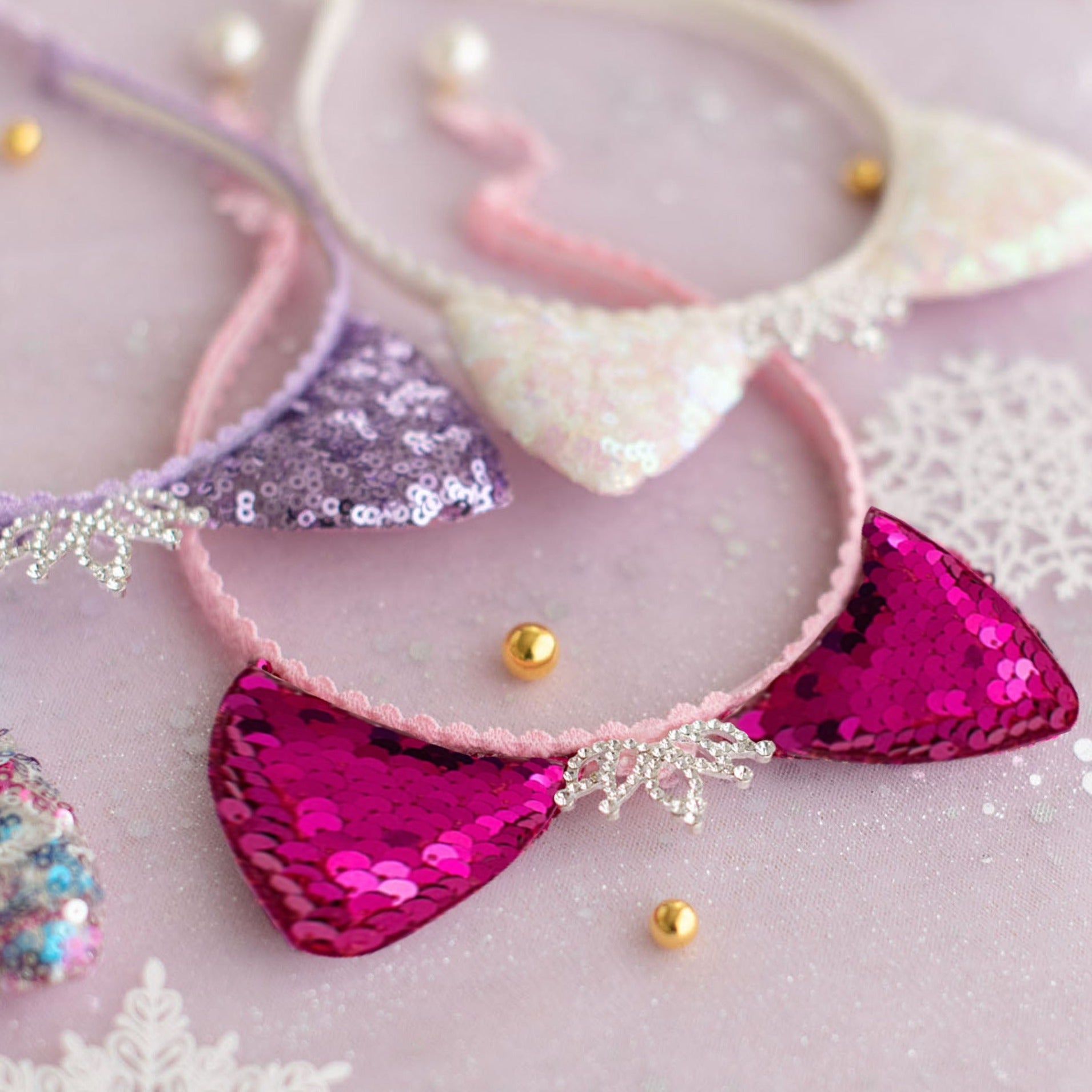 Summer Crystal Sparkling Large Sequins Cat Ears Headband with Pearl Earring Pendants