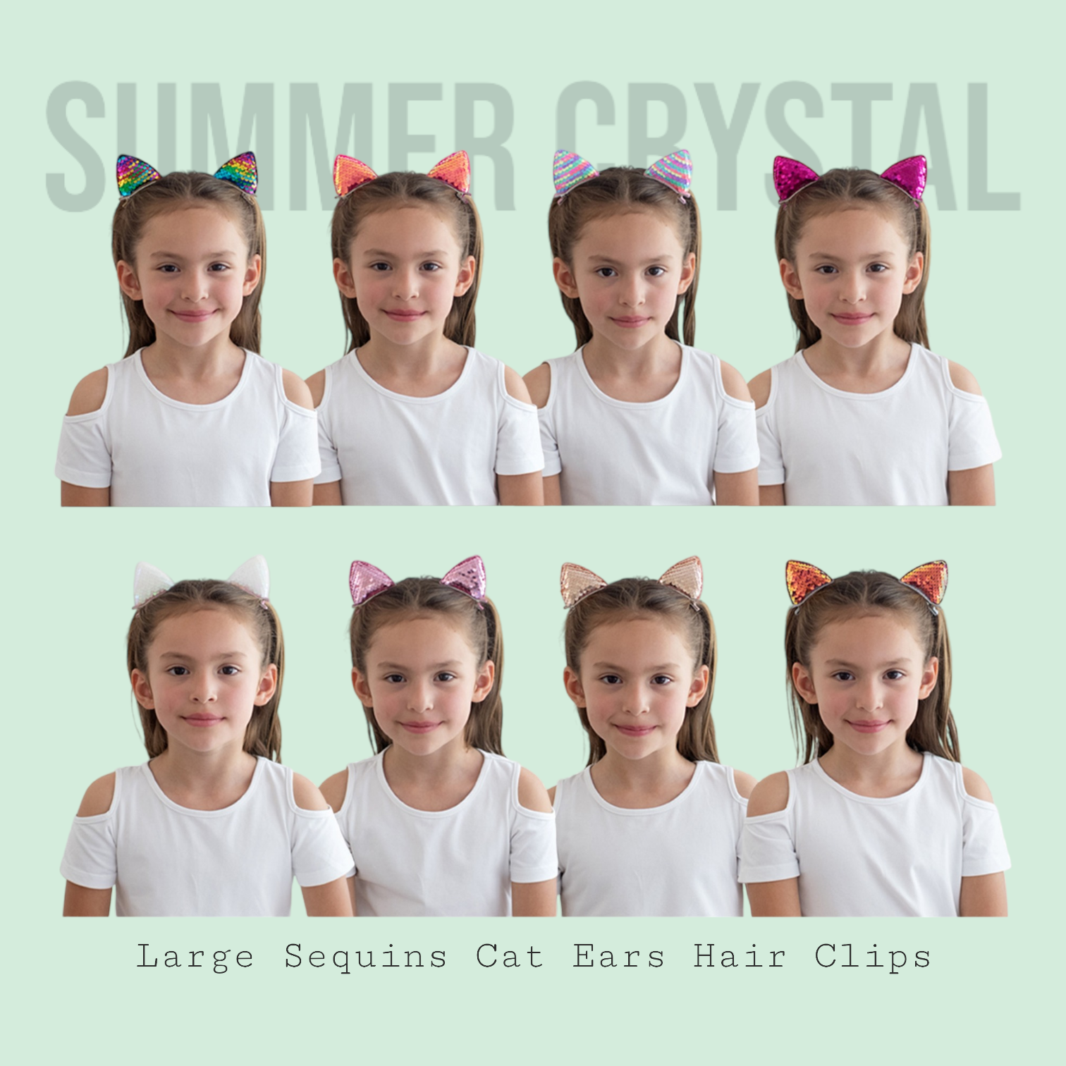 Summer Crystal Sparkling Large Sequins Cat Ears Hair Clips - Pack of 1 Pair