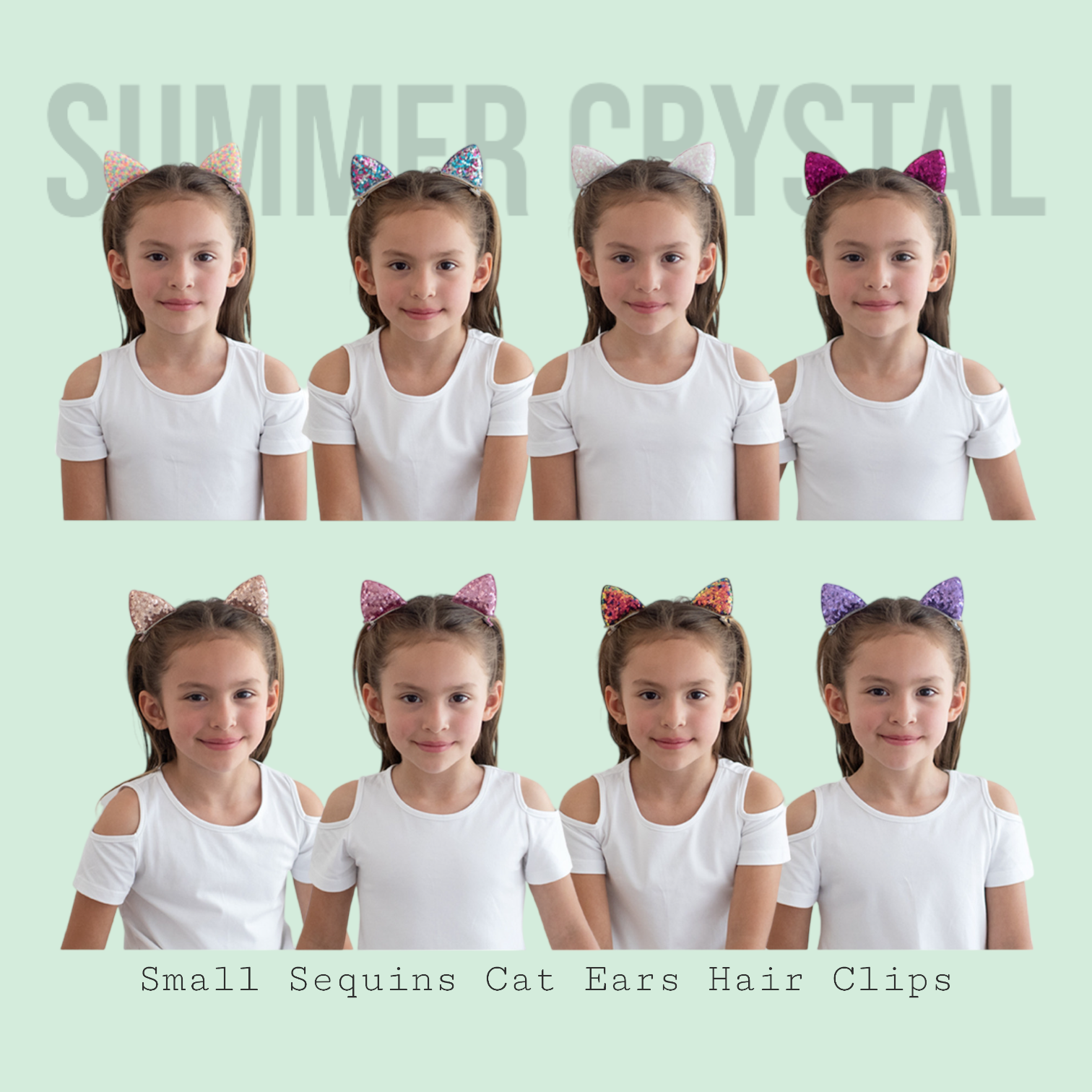 Summer Crystal Sparkling Sequins Cat Ears Hair Clips - Pack of 1 Pair