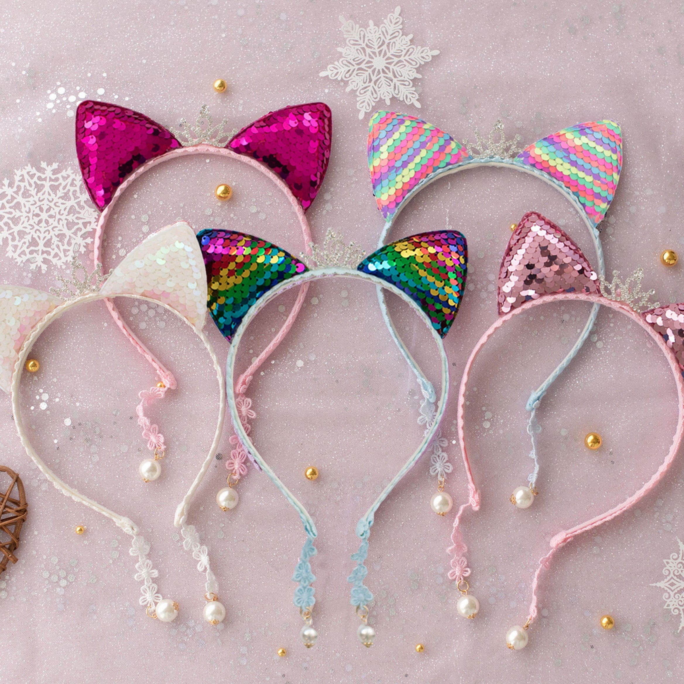 Girls' Glitter Sequin Cat Ears Headband with Pearl Earring Pendants