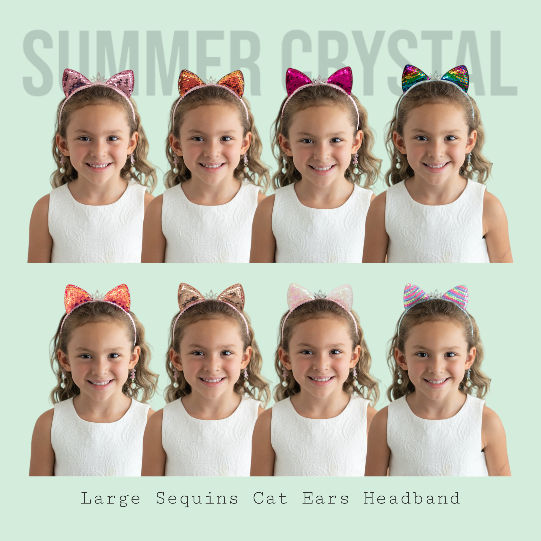 Summer Crystal Large Sequins Cat Ears Headband with Earring Pendants