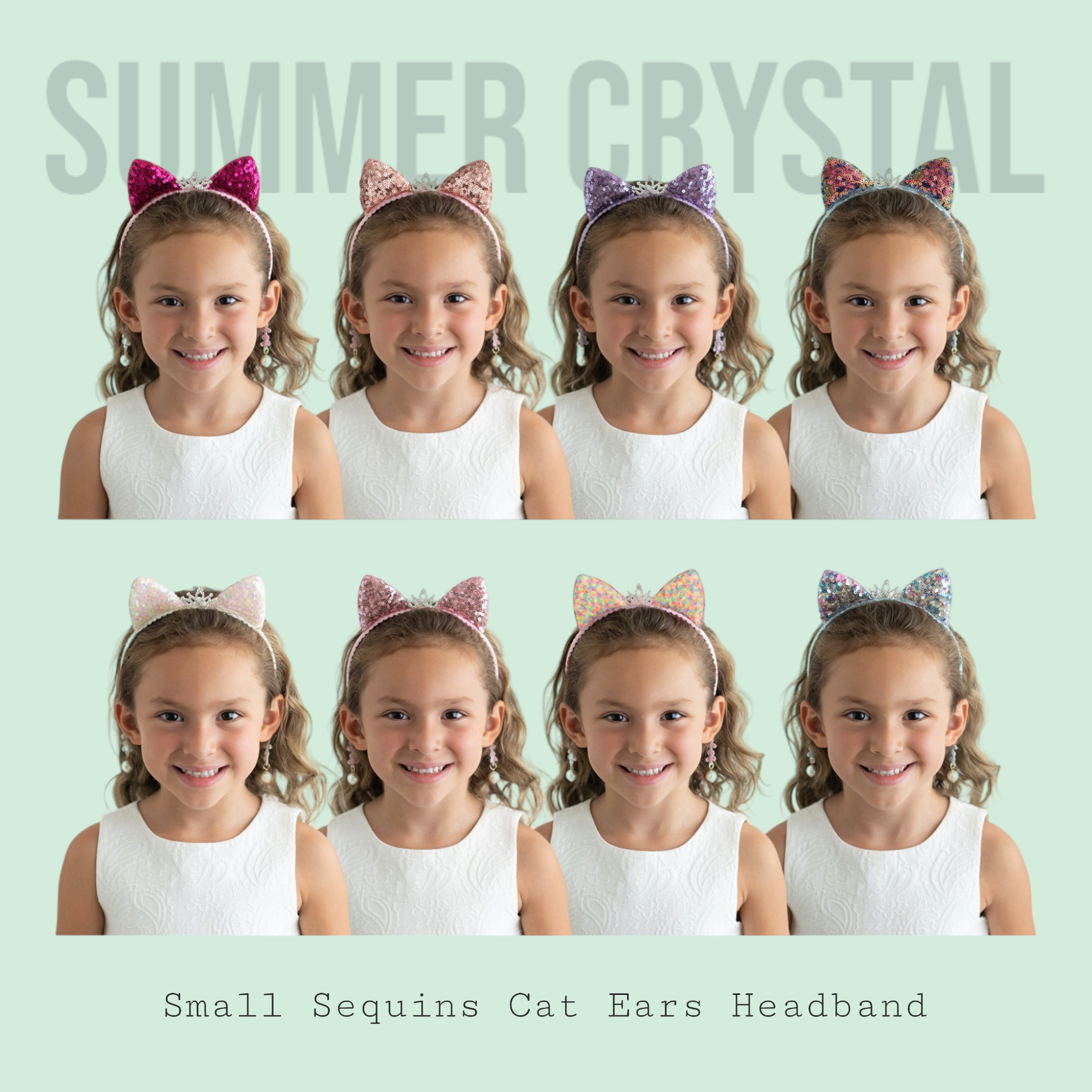 Summer Crystal Sparkling Sequins Cat Ears Headband with Pearl Earring Pendants