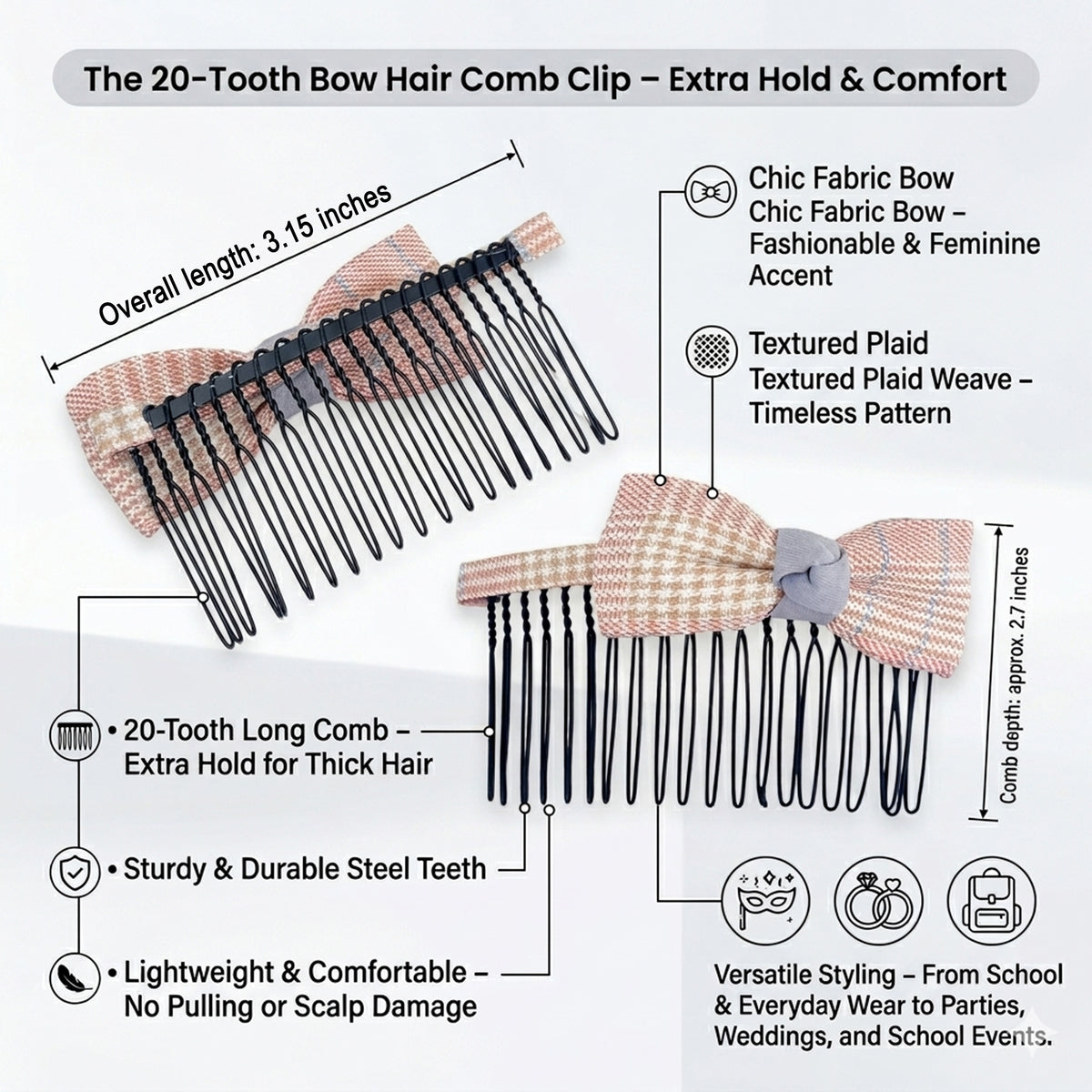 5pk Girls' Colorful 20-Tooth Strong Grip Hair Comb Clips