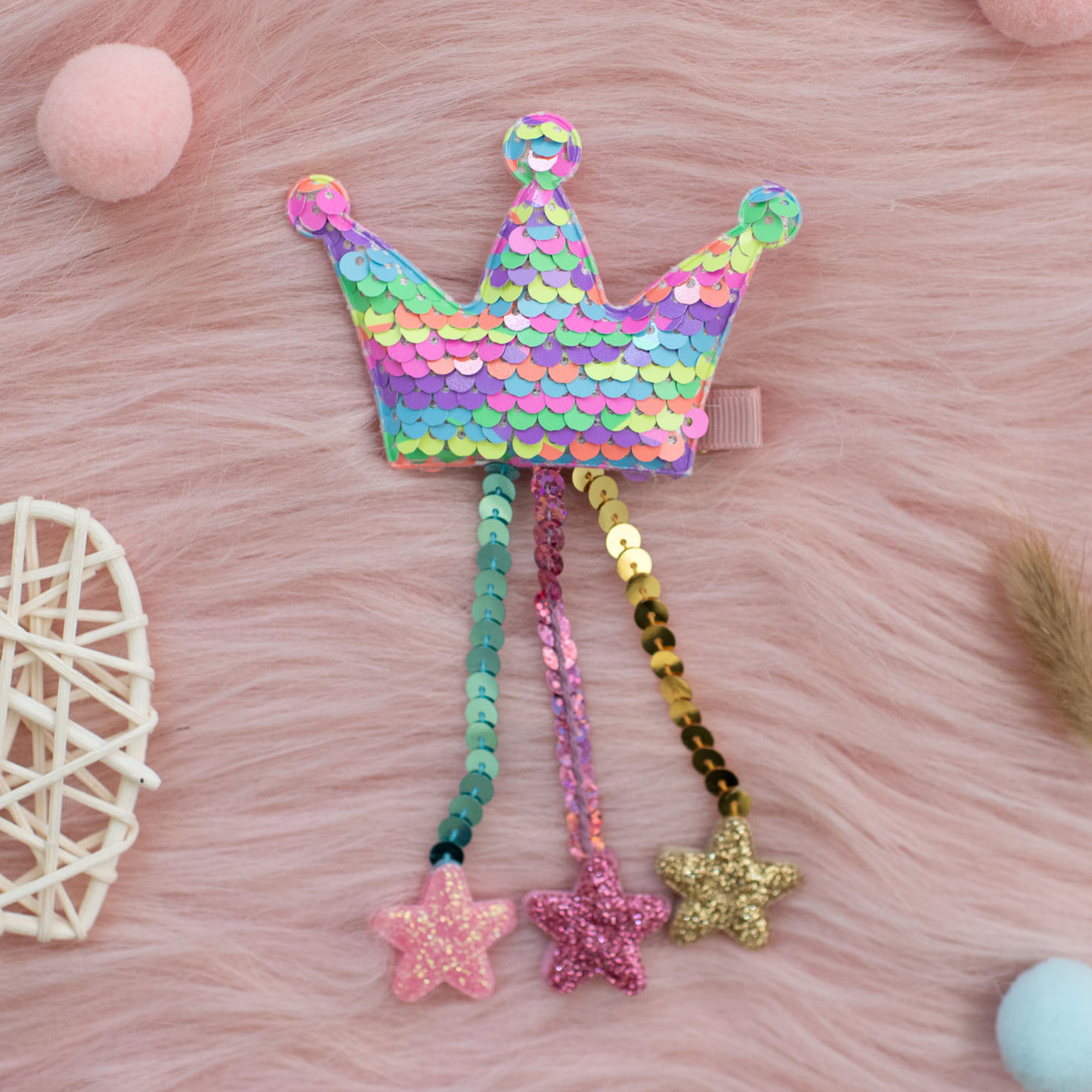 Summer Crystal - Sequin Crown Hair Clip with Tassel Stars - 1 Pack