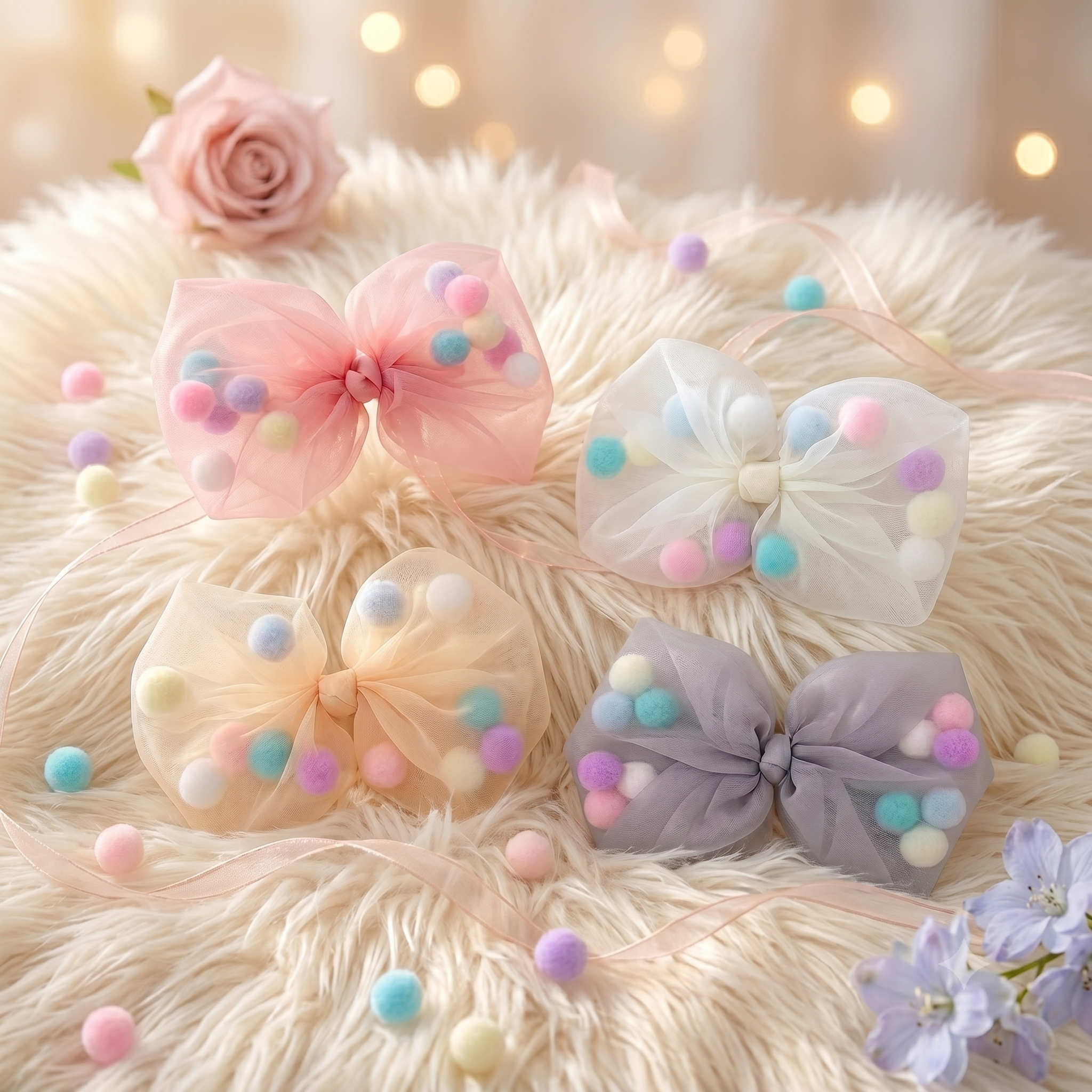 Girls' Tulle Bow with Pompoms Hair Clip