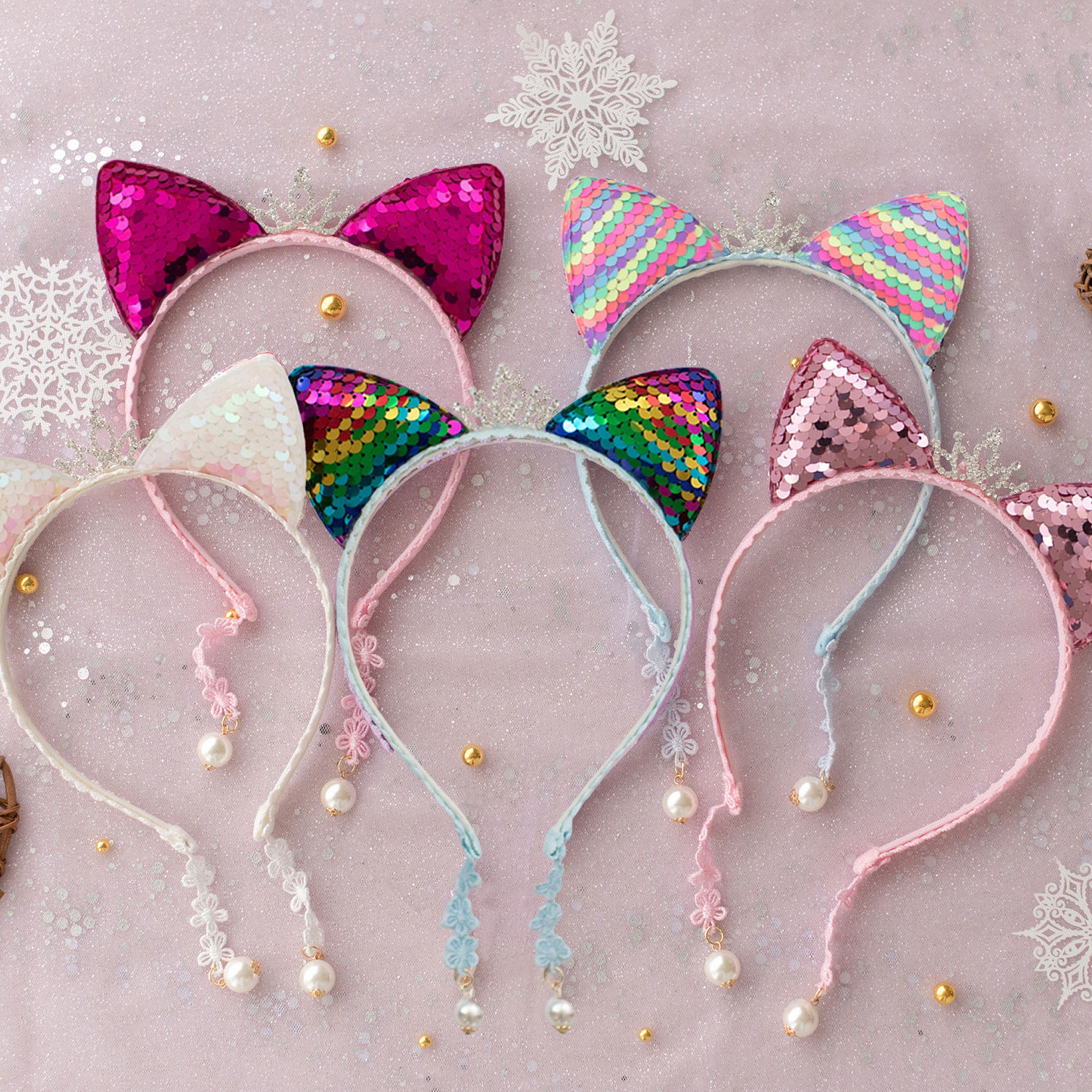 Summer Crystal Large Sequin Cat Ears Headband with Pearl Earring Pendants
