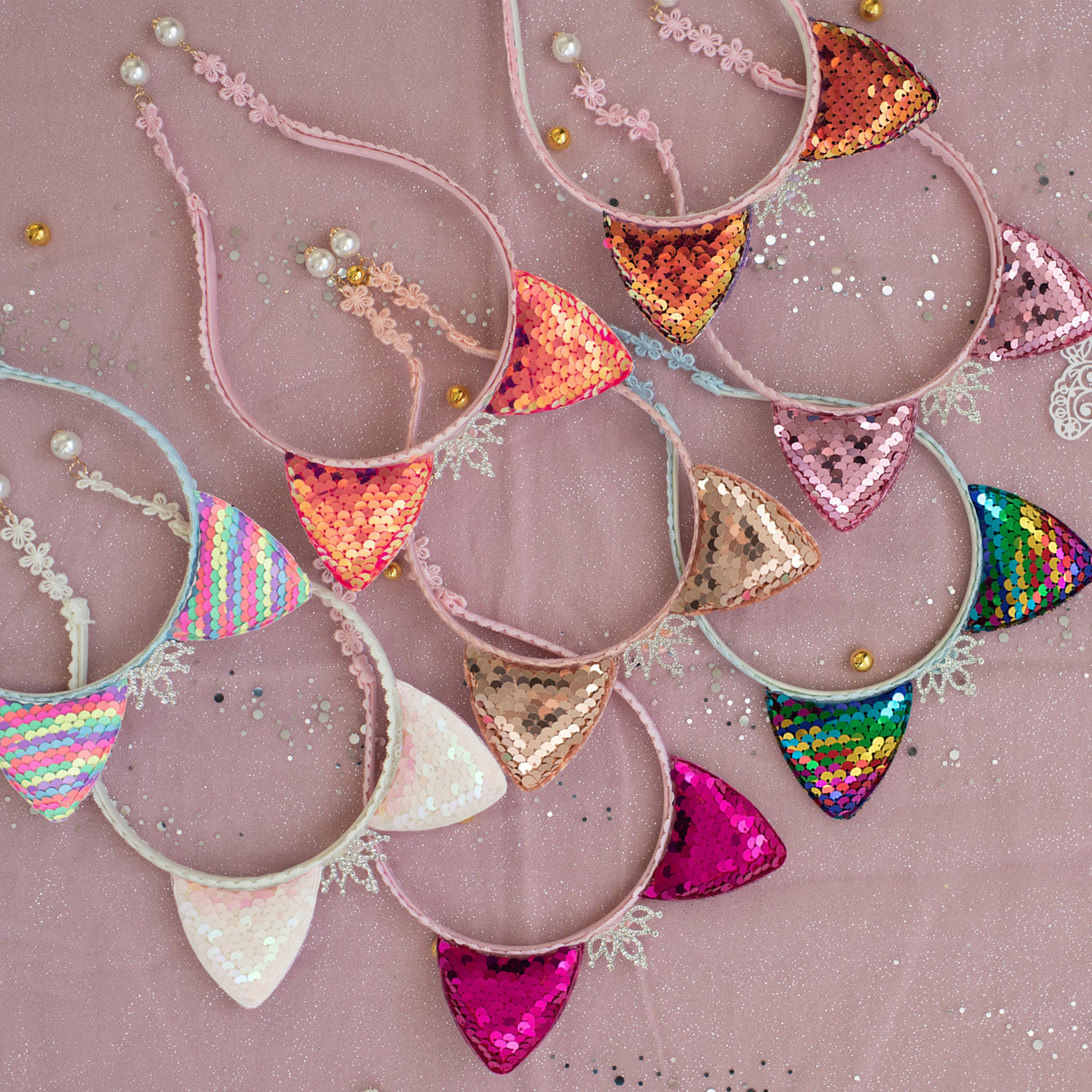 Summer Crystal Large Sequin Cat Ears Headband with Pearl Earring Pendants