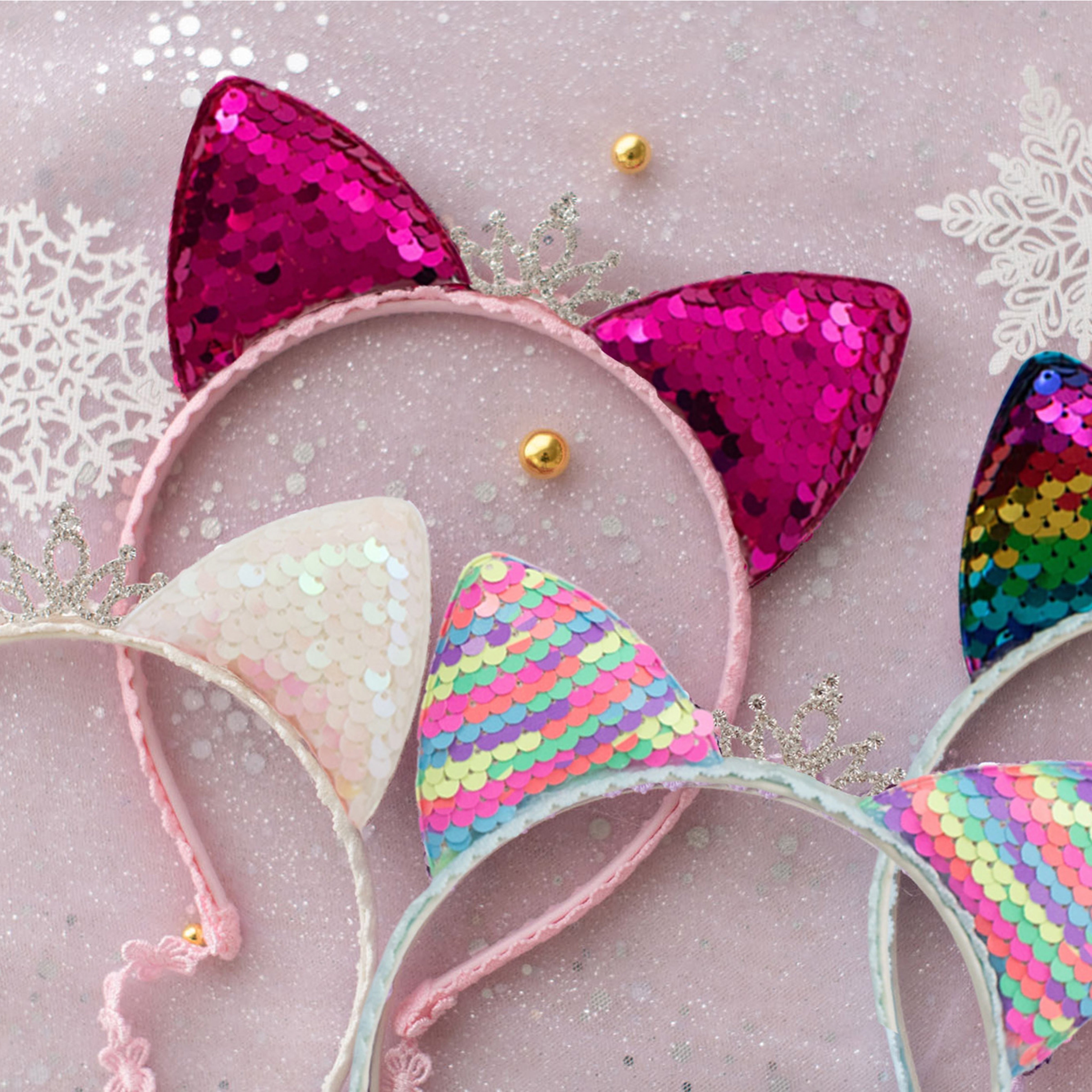 Summer Crystal Large Sequin Cat Ears Headband with Pearl Earring Pendants