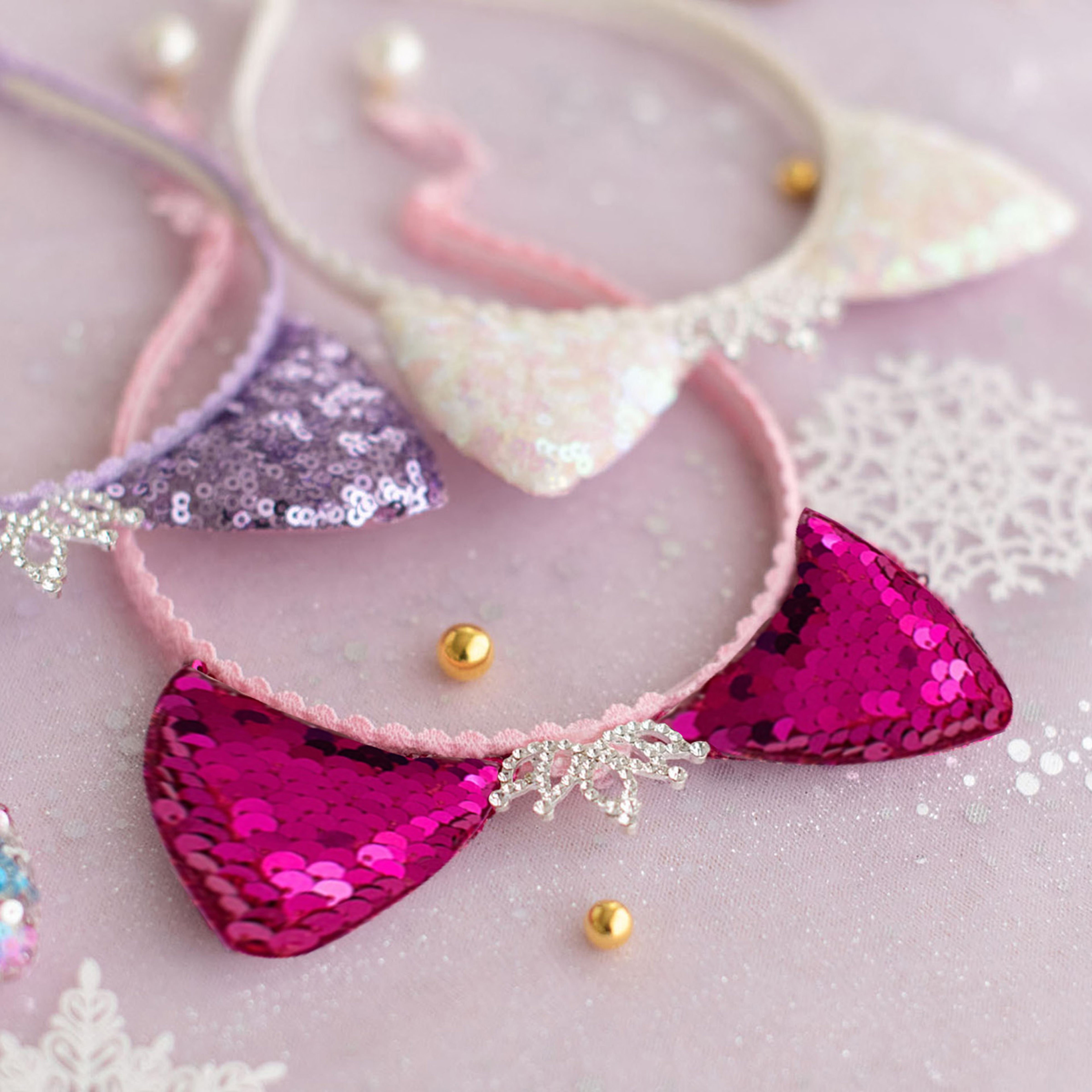 Summer Crystal Large Sequin Cat Ears Headband with Pearl Earring Pendants