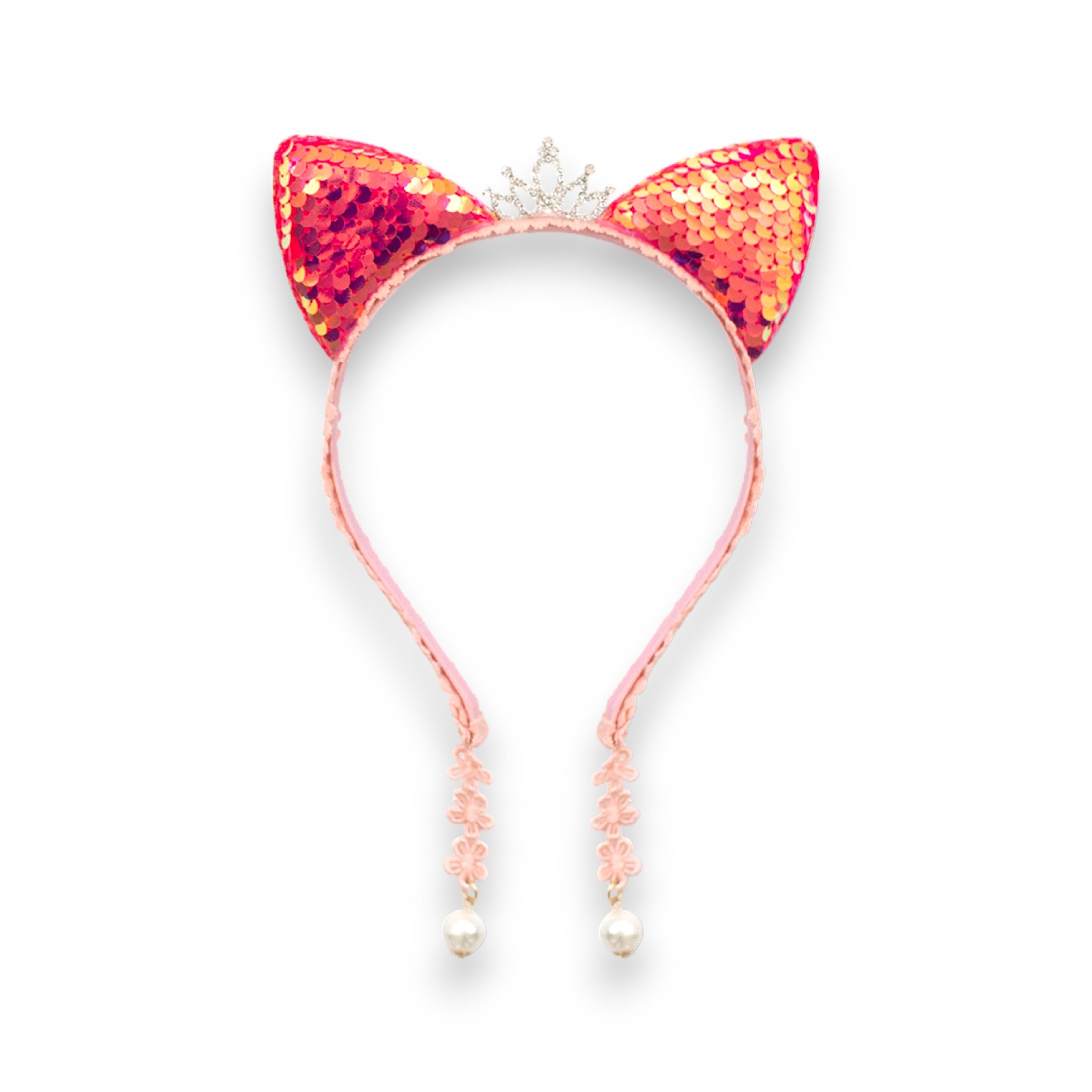Summer Crystal Large Sequin Cat Ears Headband with Pearl Earring Pendants