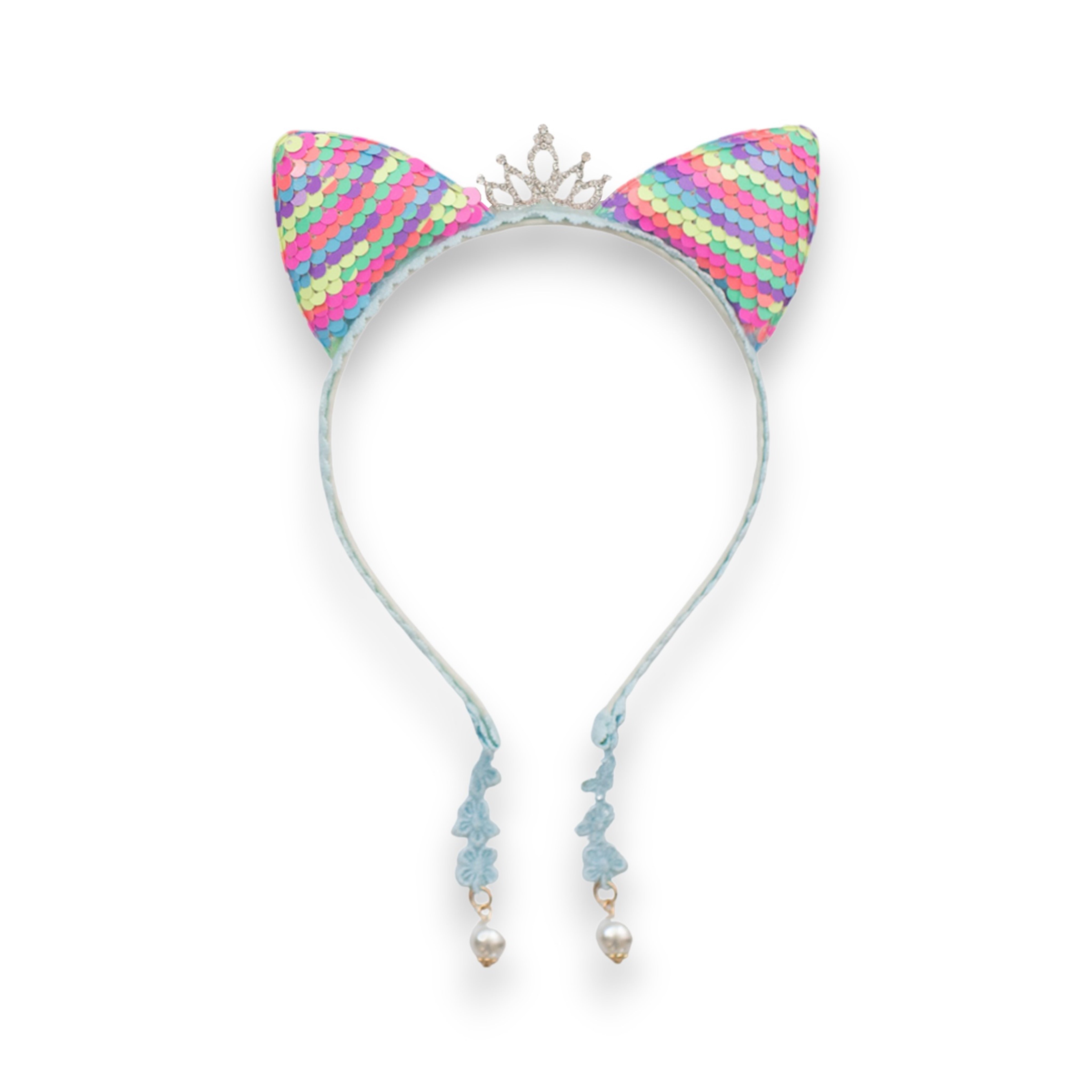 Summer Crystal Large Sequin Cat Ears Headband with Pearl Earring Pendants