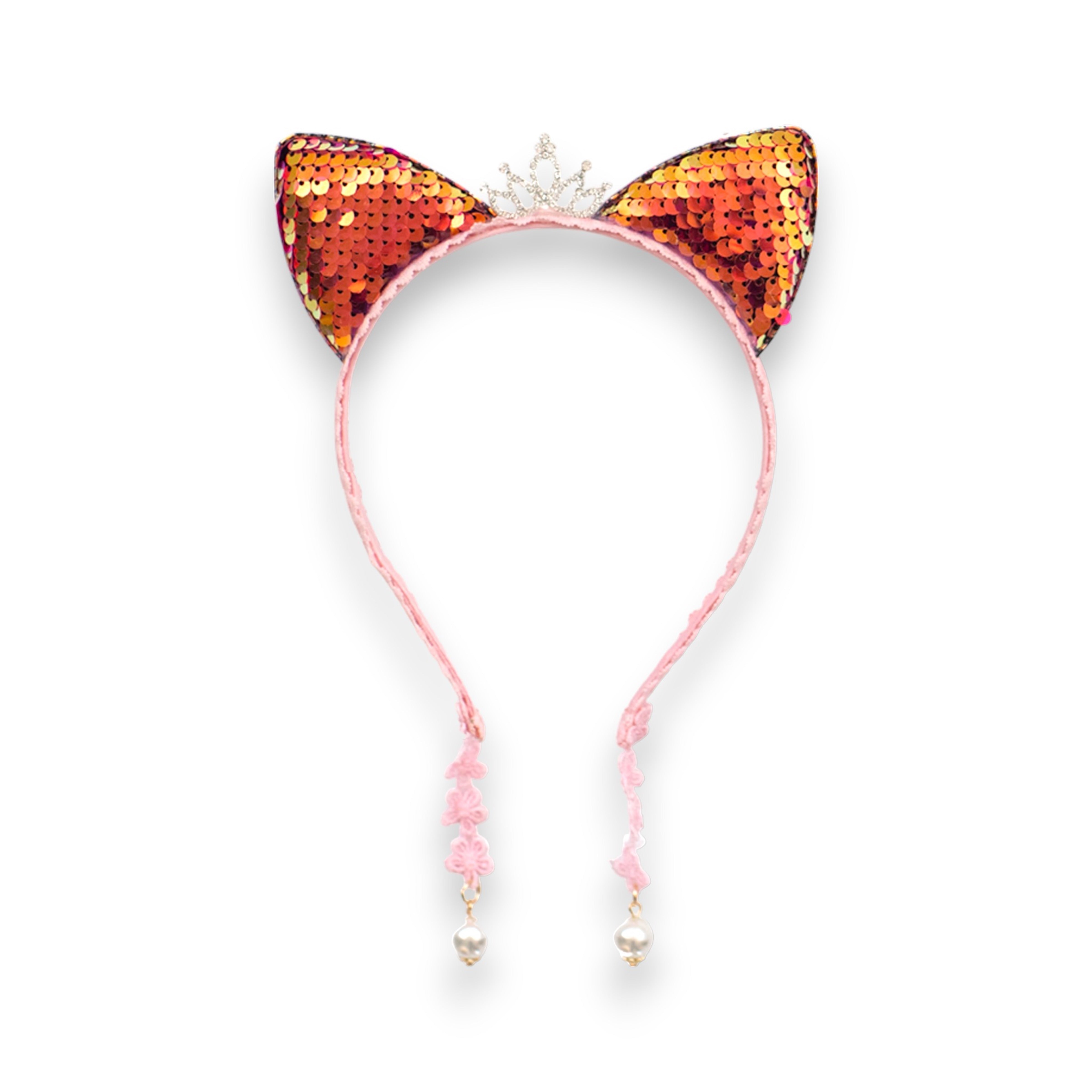 Summer Crystal Large Sequin Cat Ears Headband with Pearl Earring Pendants