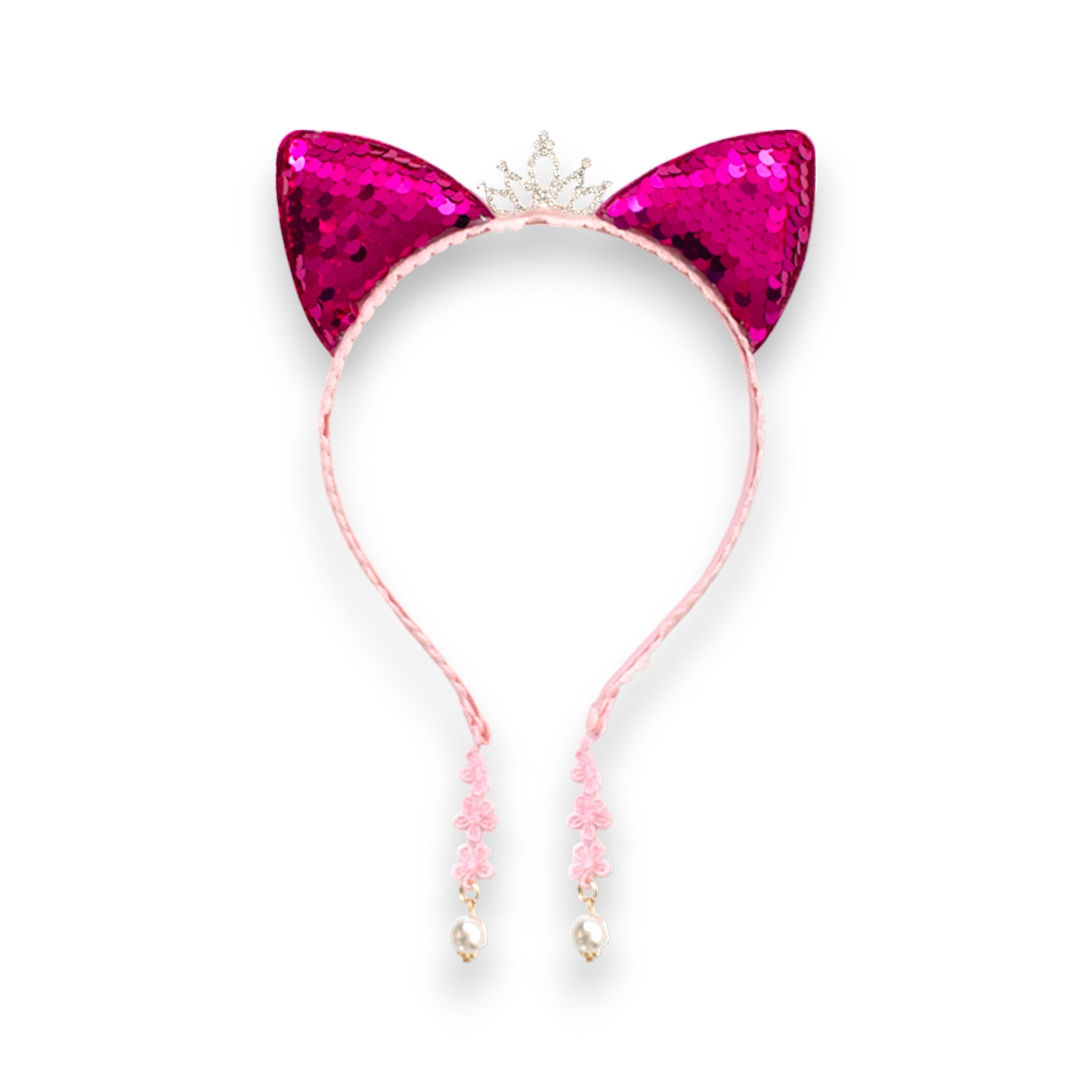 Summer Crystal Large Sequin Cat Ears Headband with Pearl Earring Pendants