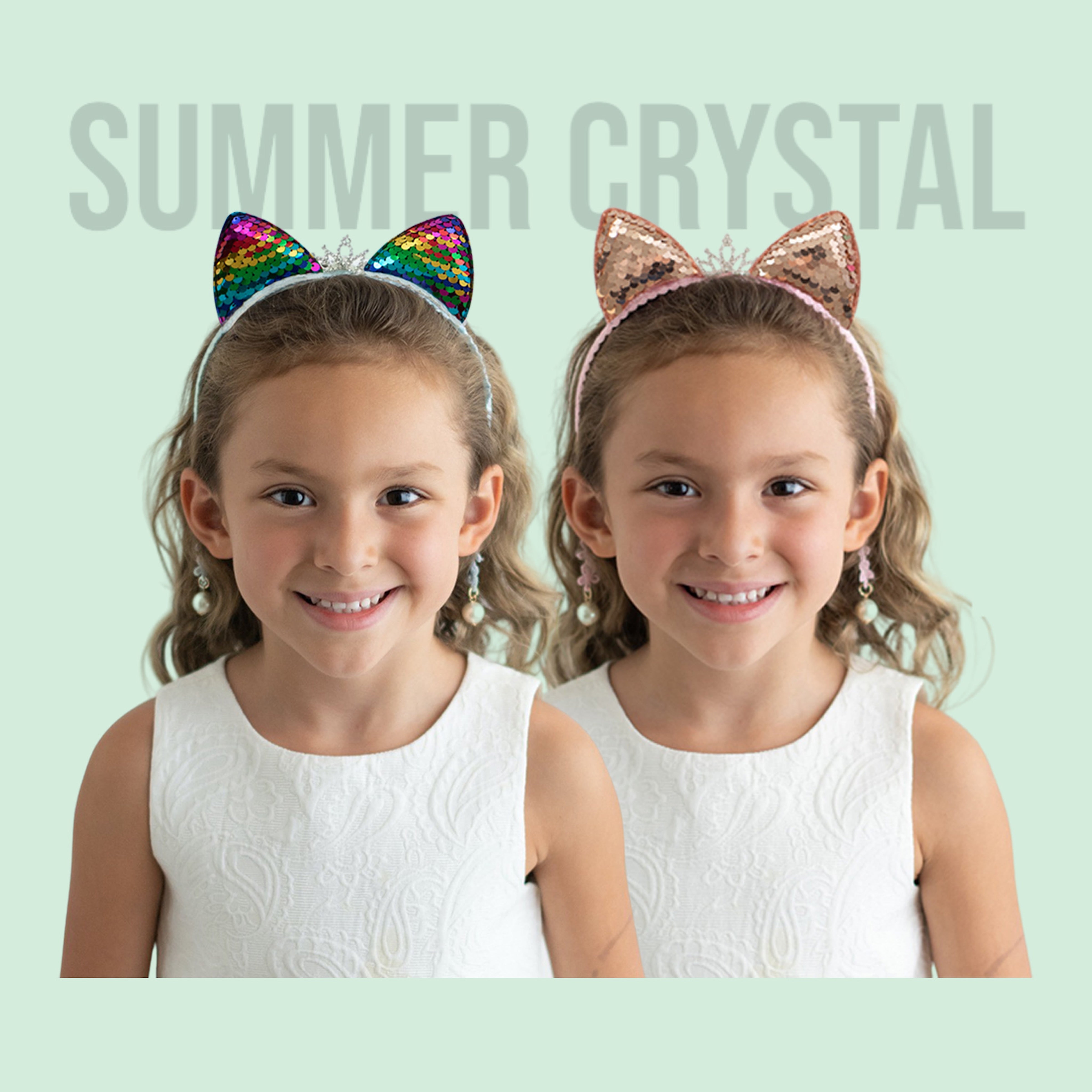 Summer Crystal Large Sequin Cat Ears Headband with Pearl Earring Pendants