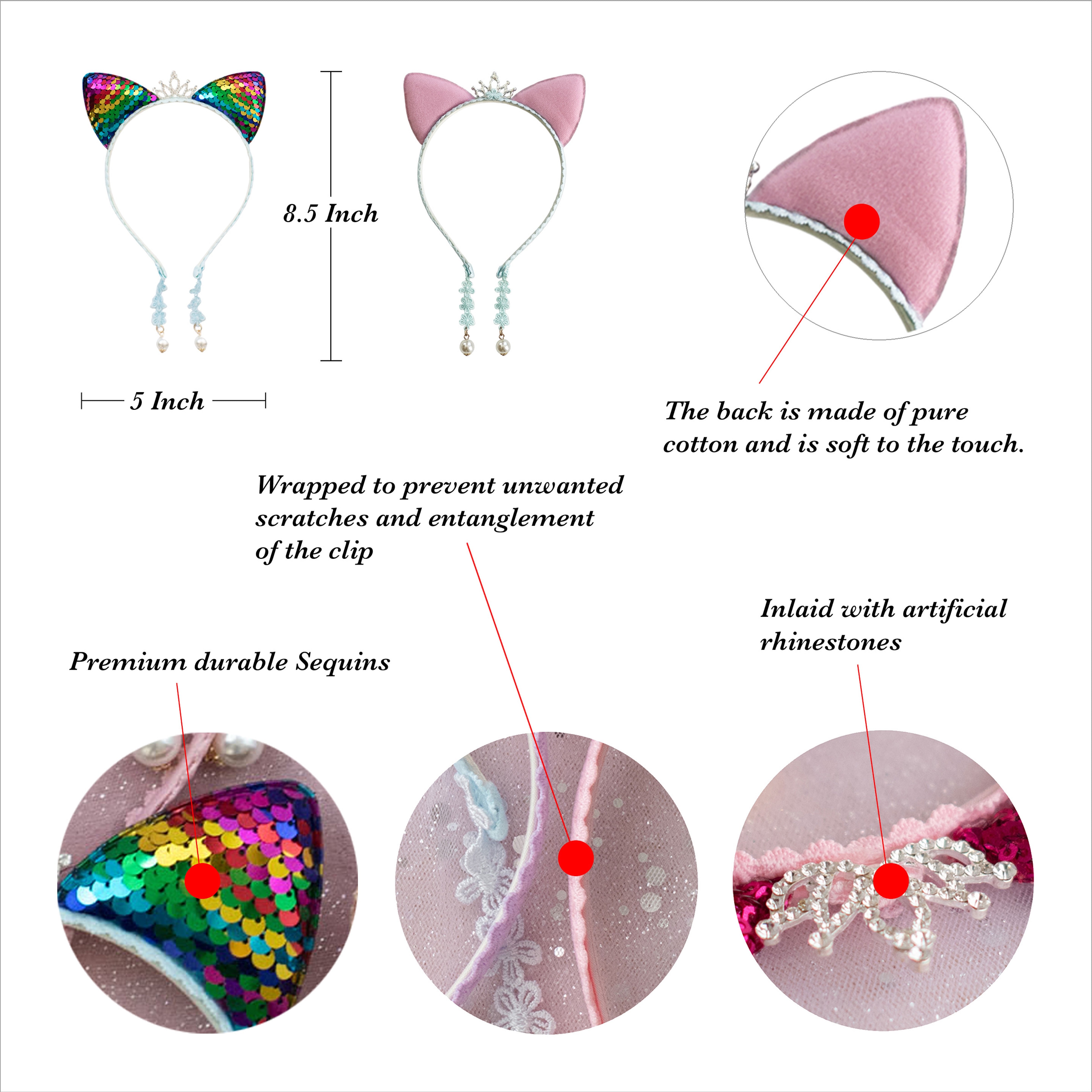 Summer Crystal Large Sequin Cat Ears Headband with Pearl Earring Pendants