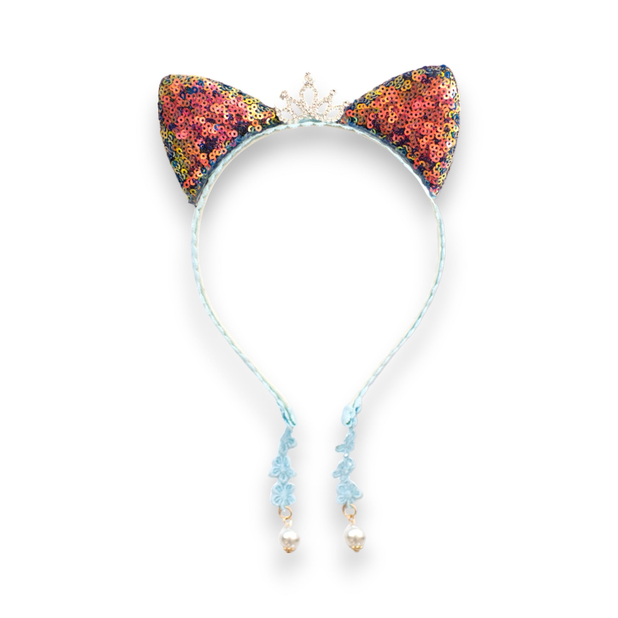 Summer Crystal Sparkling Sequins Cat Ears Headband with Pearl Earring Pendants