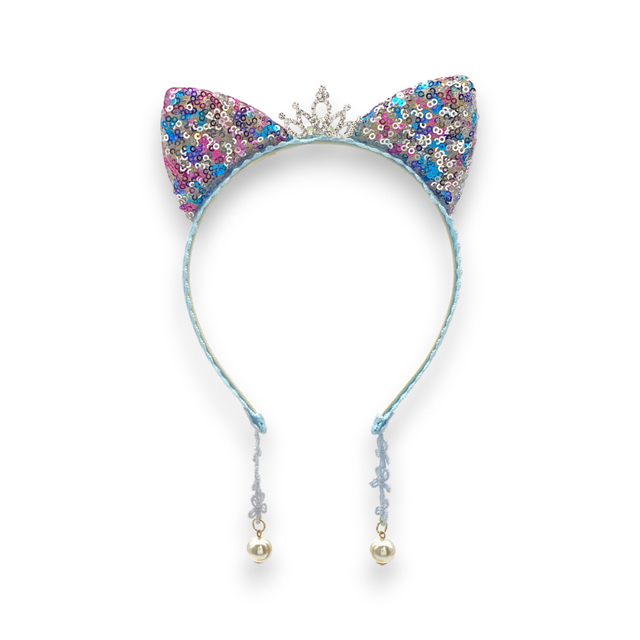 Summer Crystal Sparkling Sequins Cat Ears Headband with Pearl Earring Pendants