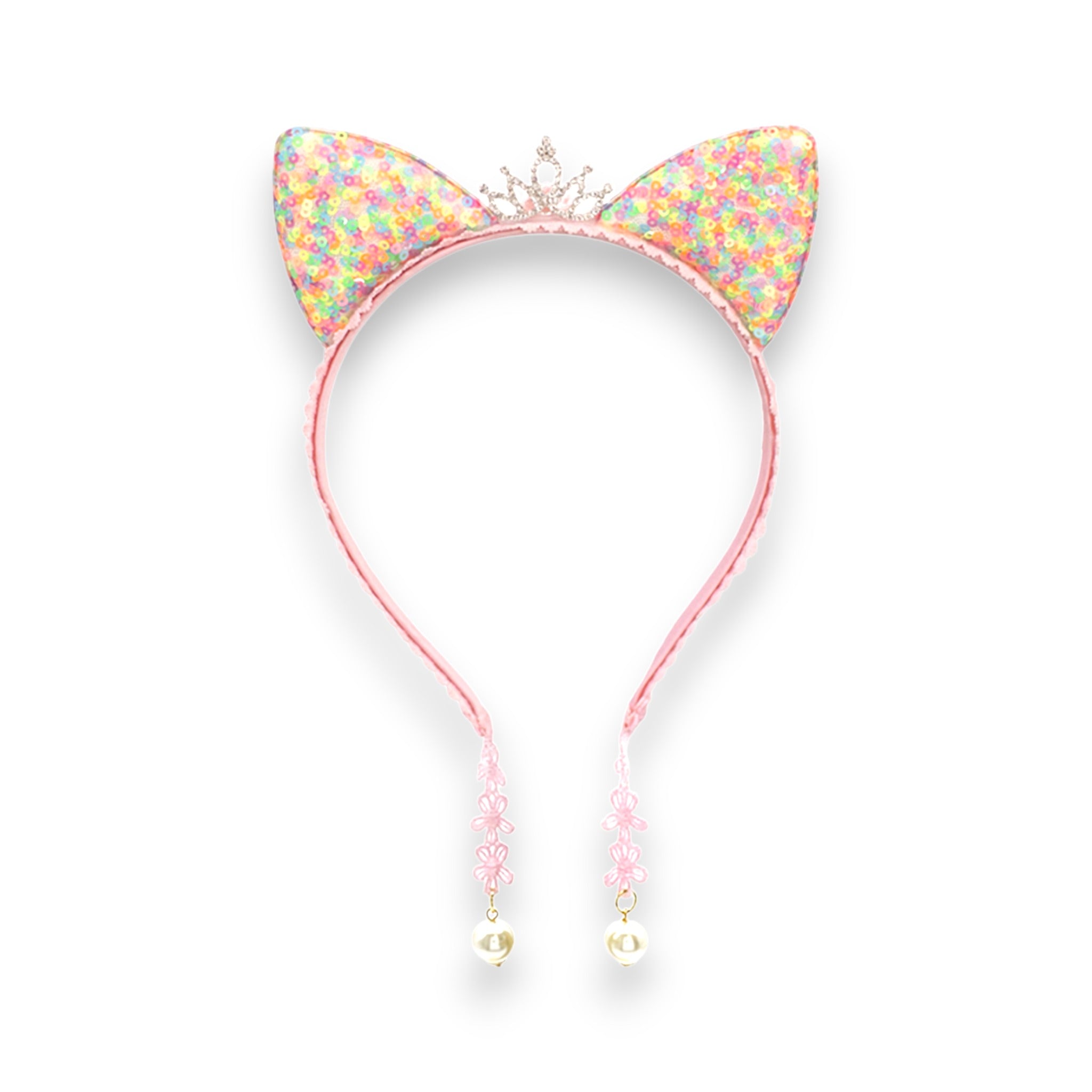 Summer Crystal Sparkling Sequins Cat Ears Headband with Pearl Earring Pendants